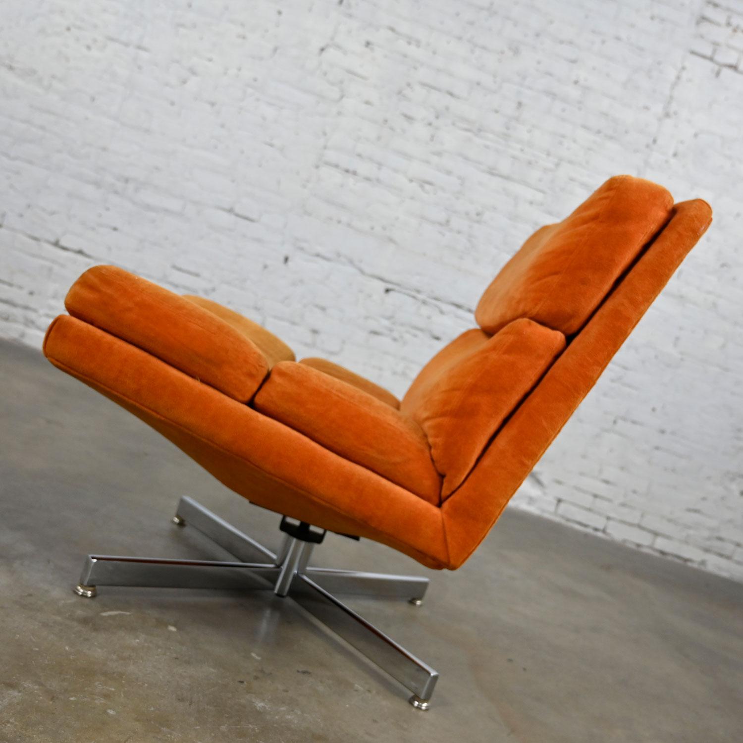 Modern Swivel Slipper Chair Orange Brushed Chenille & 4 Prong Chrome Base In Good Condition For Sale In Topeka, KS