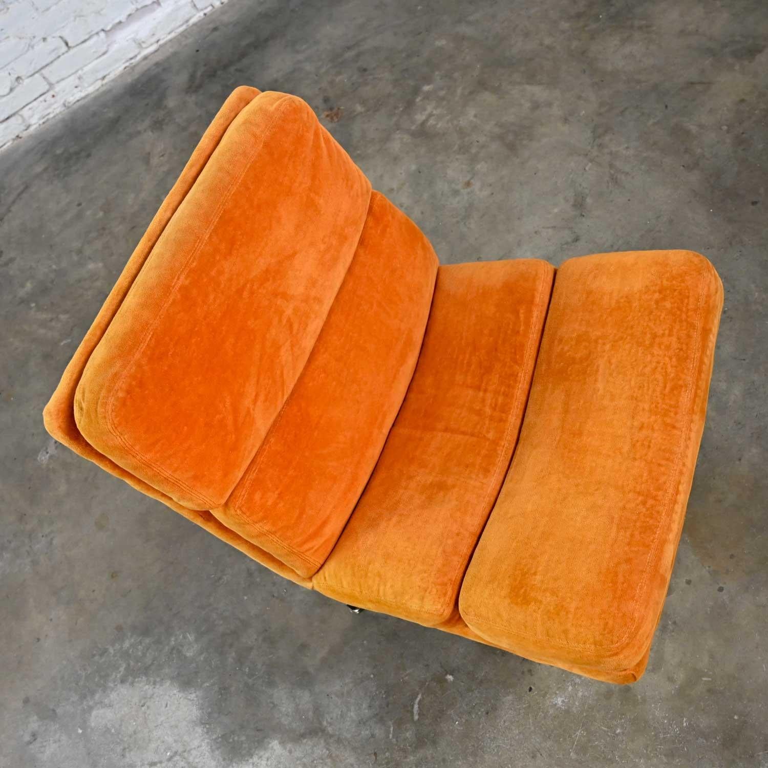 Modern Swivel Slipper Chair Orange Brushed Chenille & 4 Prong Chrome Base For Sale 1