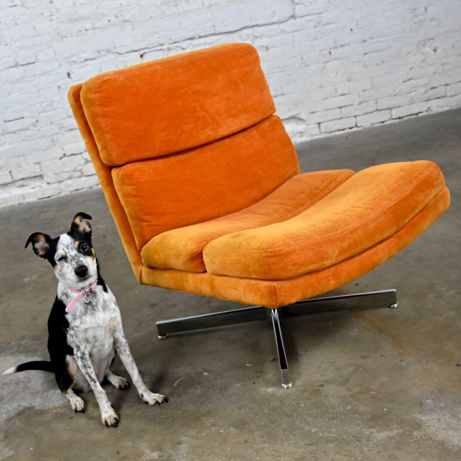 Modern Swivel Slipper Chair Orange Brushed Chenille & 4 Prong Chrome Base For Sale 3