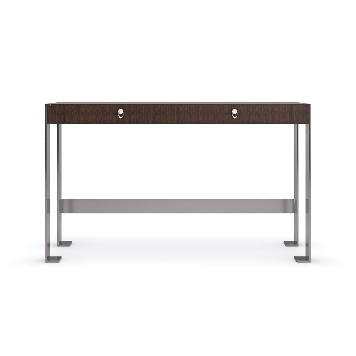Modern Sycamore Console, a mix of figured sycamore veneers and metal. Features two drawers with contrasting Cloud White interiors. A mix of modern and industrial offers a versatile console or standing desk.

Dimensions: 68