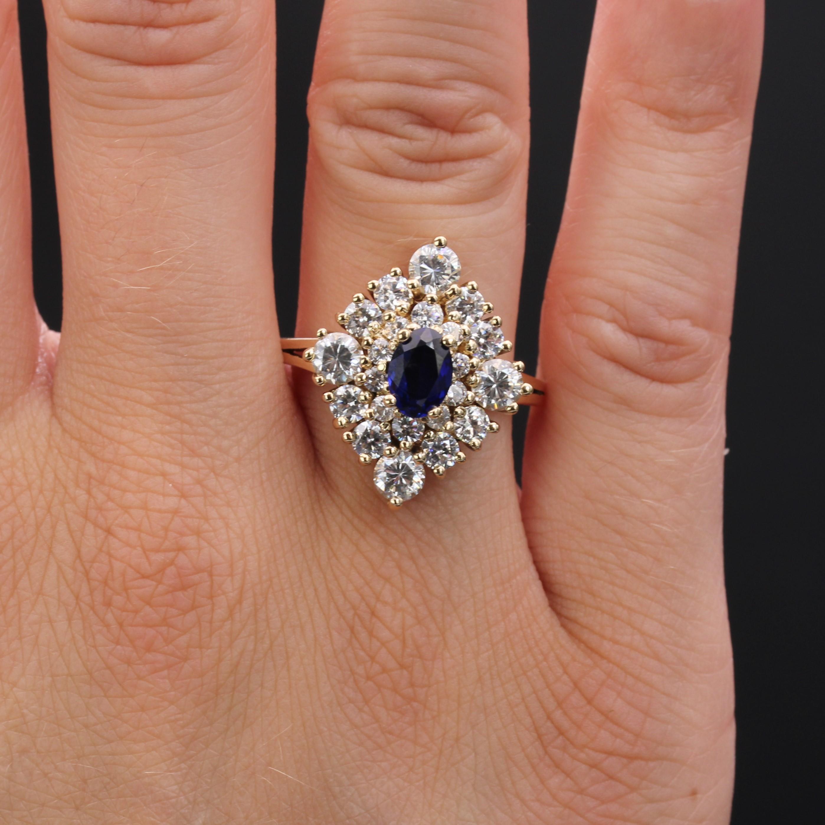 Modern Synthetic Blue and White Gems 18 K Yellow Gold Diamond Shape Ring 8