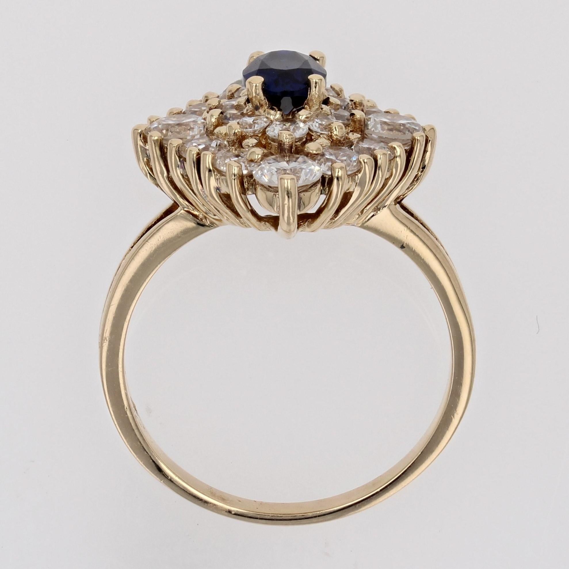 Modern Synthetic Blue and White Gems 18 K Yellow Gold Diamond Shape Ring For Sale 9
