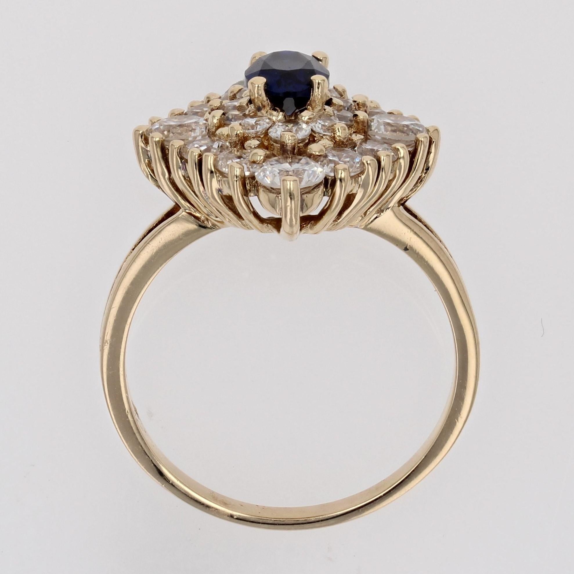 Modern Synthetic Blue and White Gems 18 K Yellow Gold Diamond Shape Ring 9