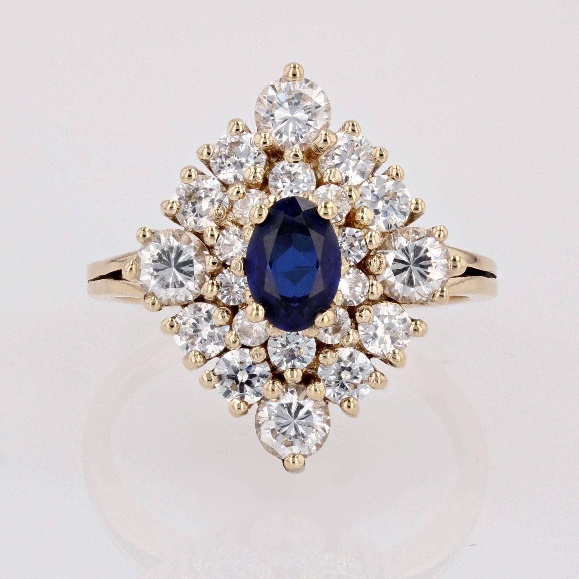 Modern Synthetic Blue and White Gems 18 K Yellow Gold Diamond Shape Ring For Sale 11