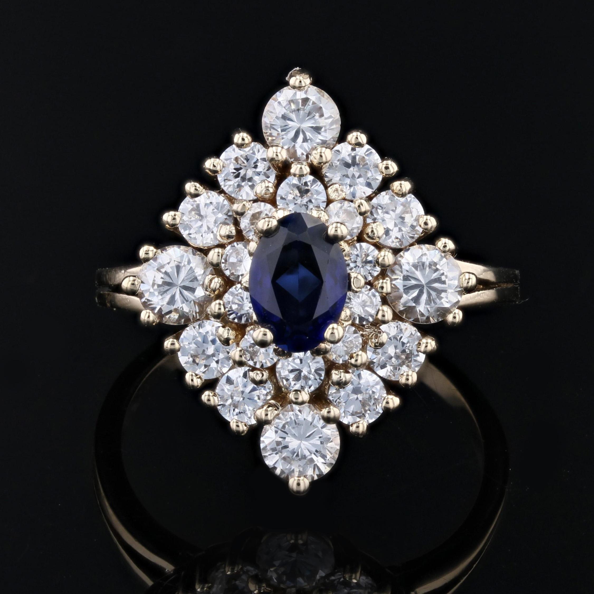 Modern Synthetic Blue and White Gems 18 K Yellow Gold Diamond Shape Ring For Sale 1