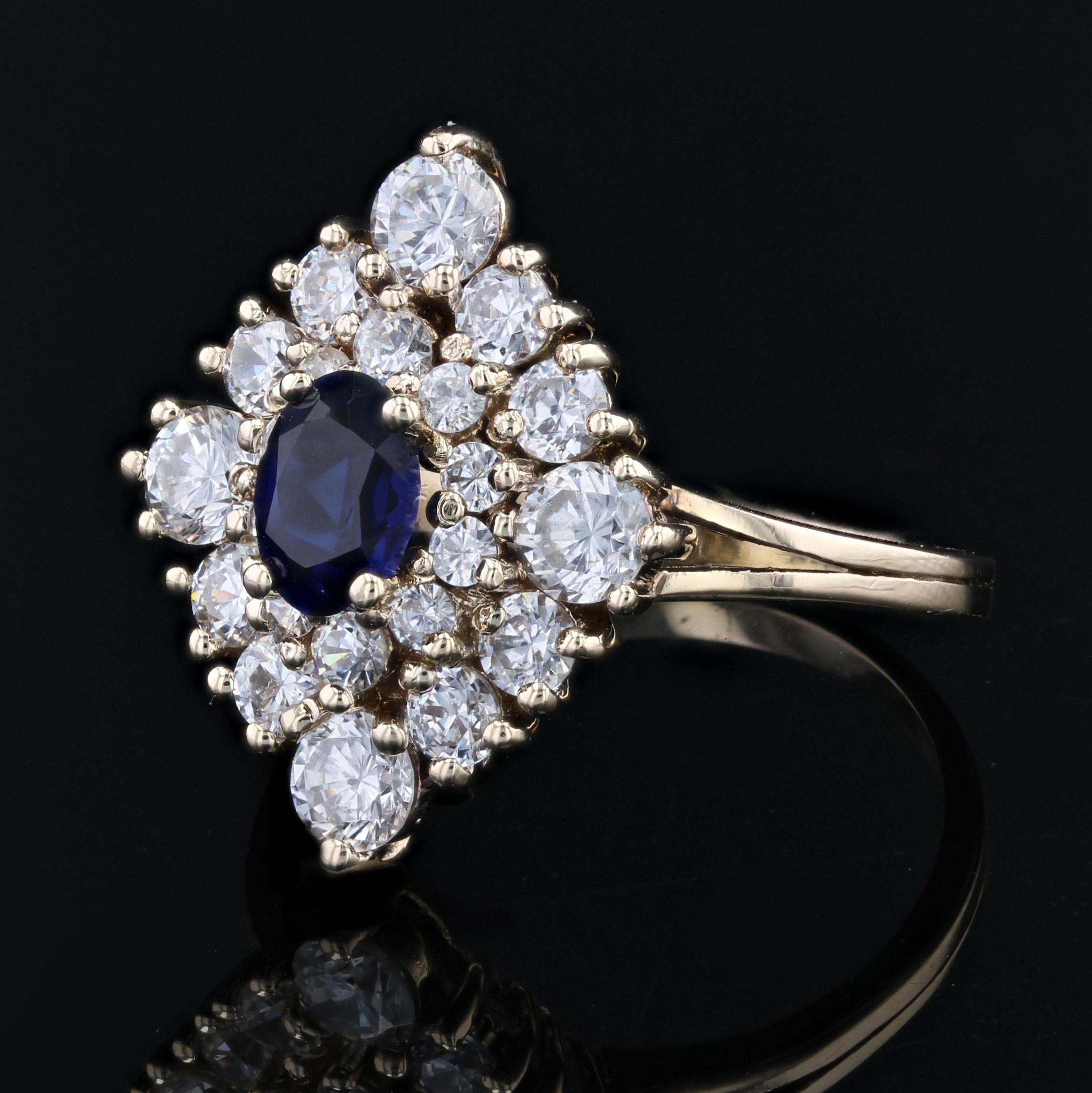 Modern Synthetic Blue and White Gems 18 K Yellow Gold Diamond Shape Ring For Sale 2