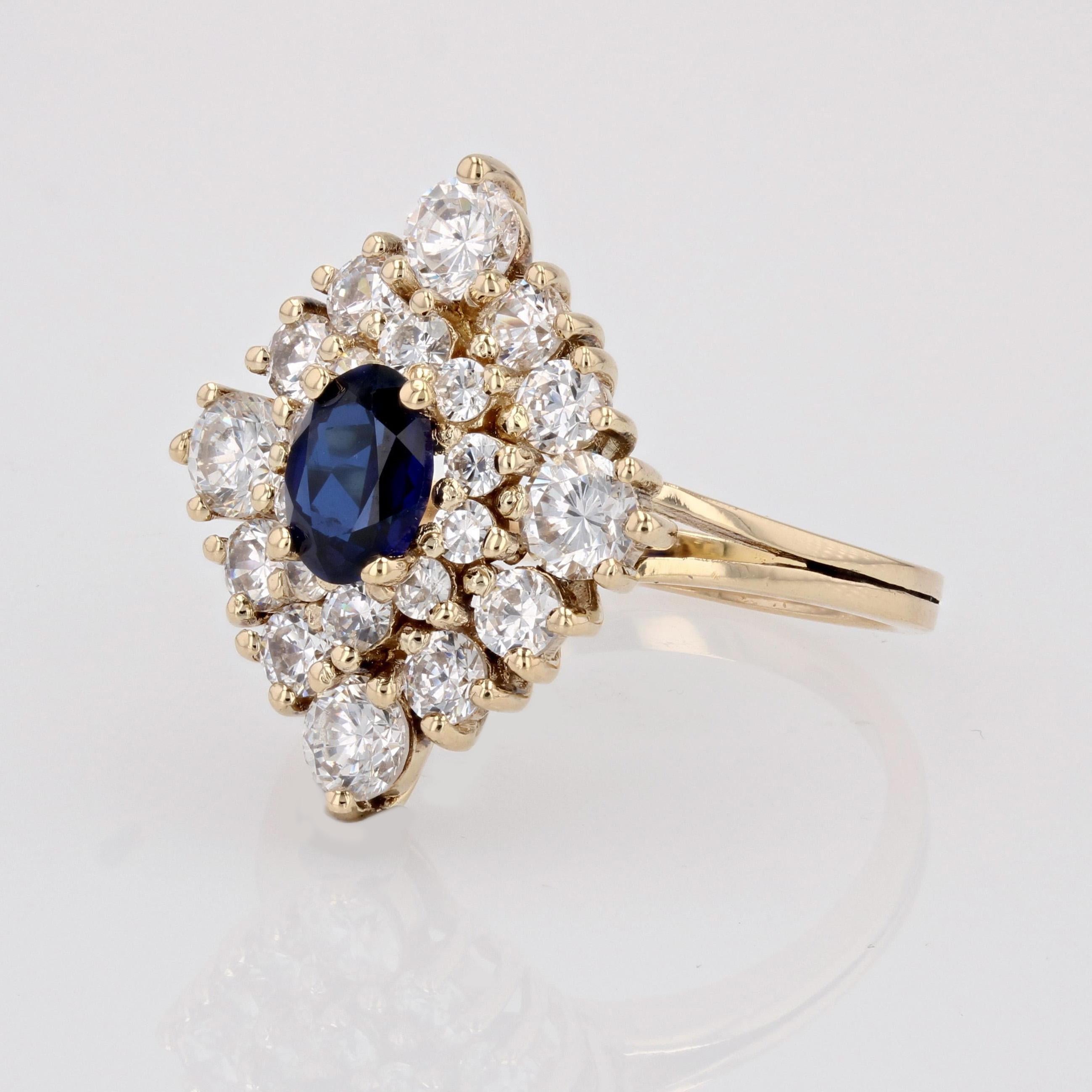 Modern Synthetic Blue and White Gems 18 K Yellow Gold Diamond Shape Ring For Sale 3