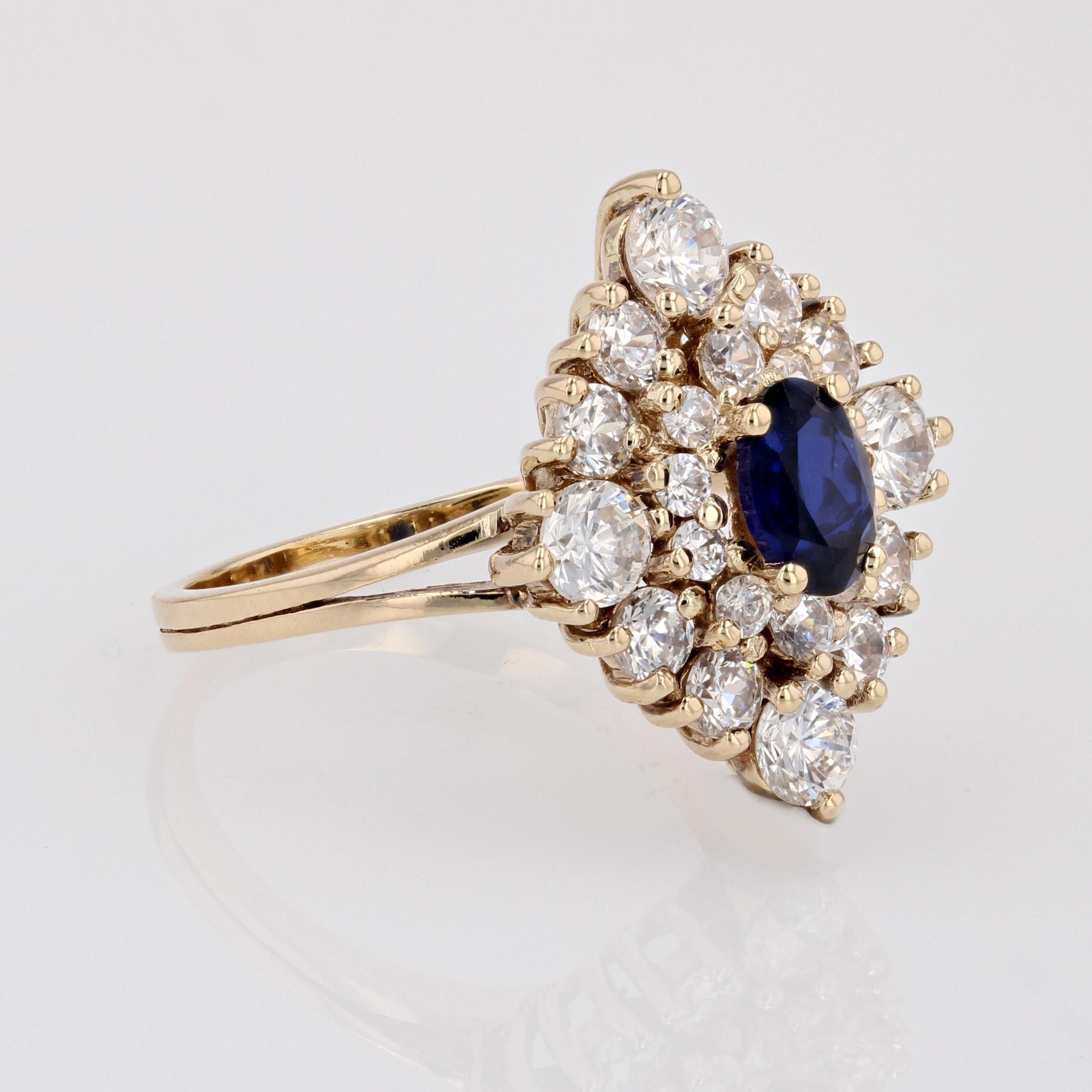 Modern Synthetic Blue and White Gems 18 K Yellow Gold Diamond Shape Ring For Sale 5