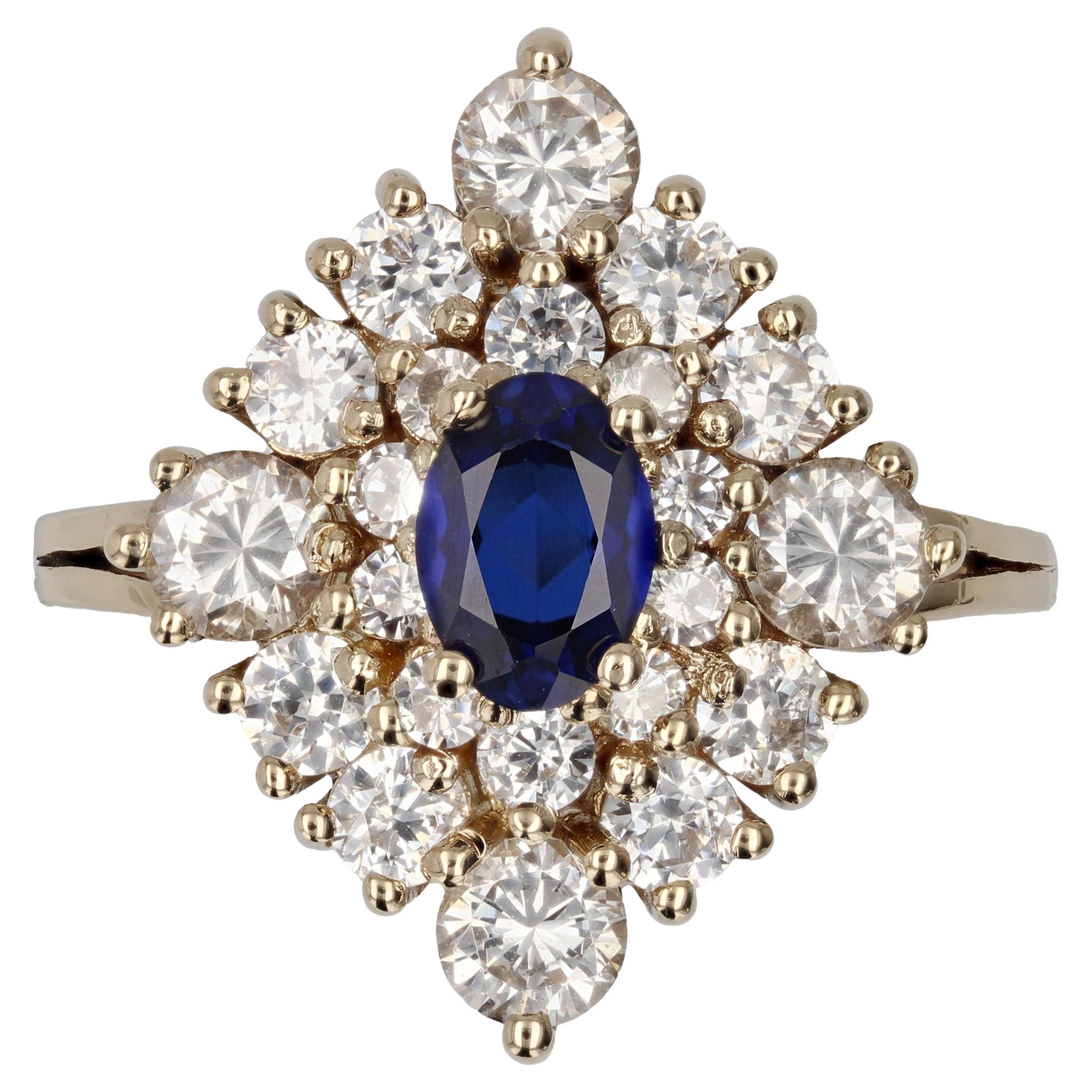 Modern Synthetic Blue and White Gems 18 K Yellow Gold Diamond Shape Ring