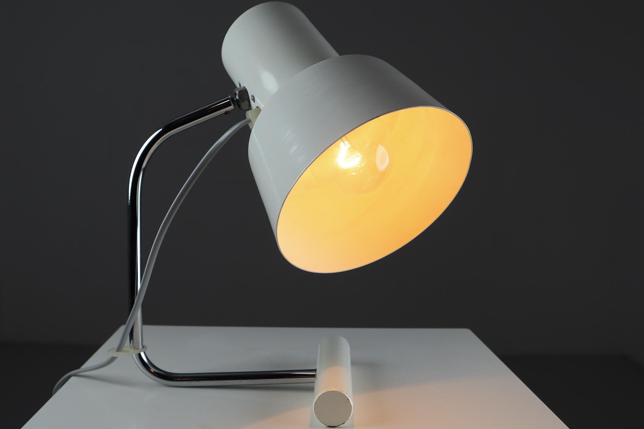 Modern table/desk lamp with white textured steel base white shade by Drukov, Czechoslovakia, 1960s. The pleasant light spreads very atmospheric, these lights will contribute to a modern character of the interior. Perfect original condition with a