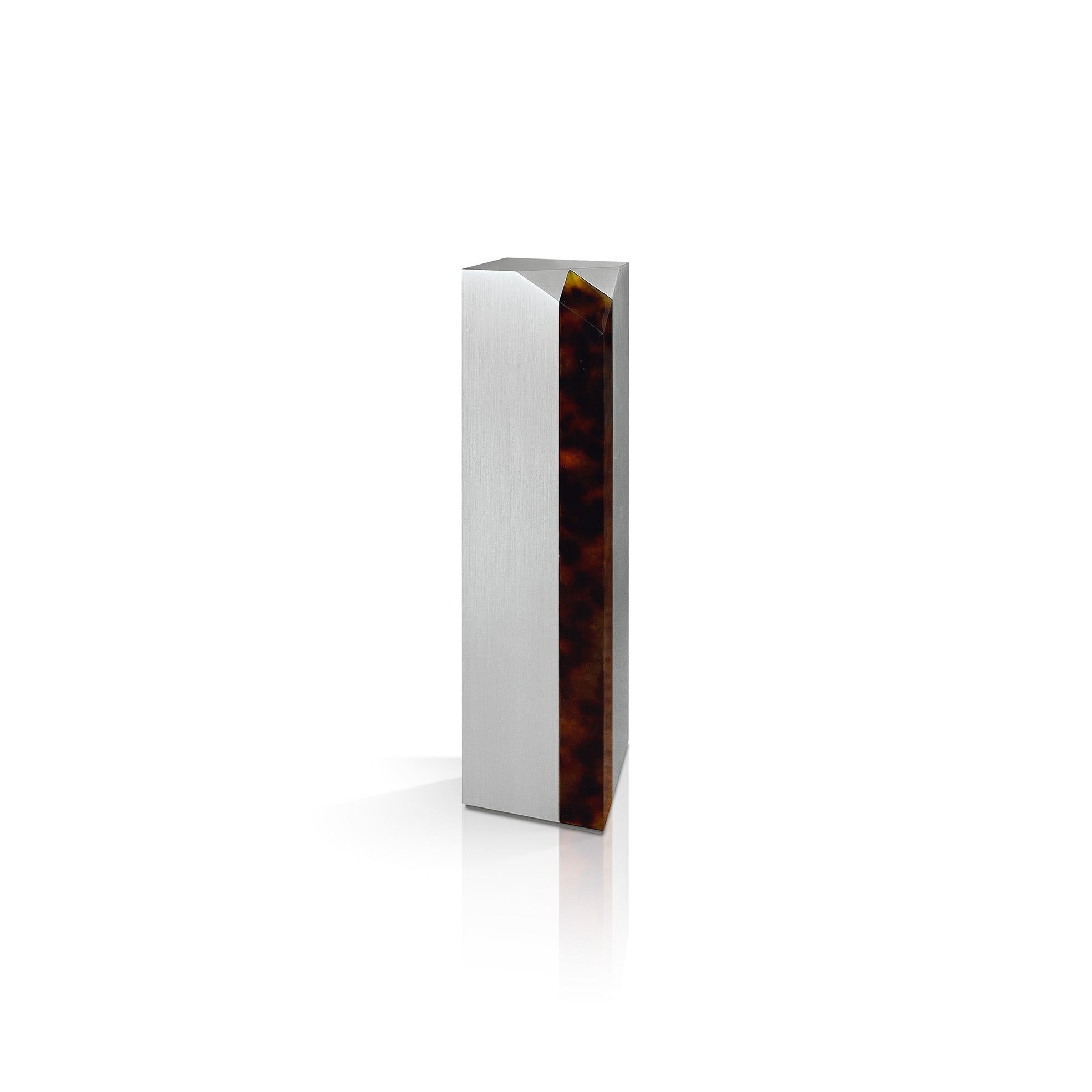 Brushed Modern Table Lamp 'Obelisk' in Stainless Steel and Tortoise Shell Effect For Sale