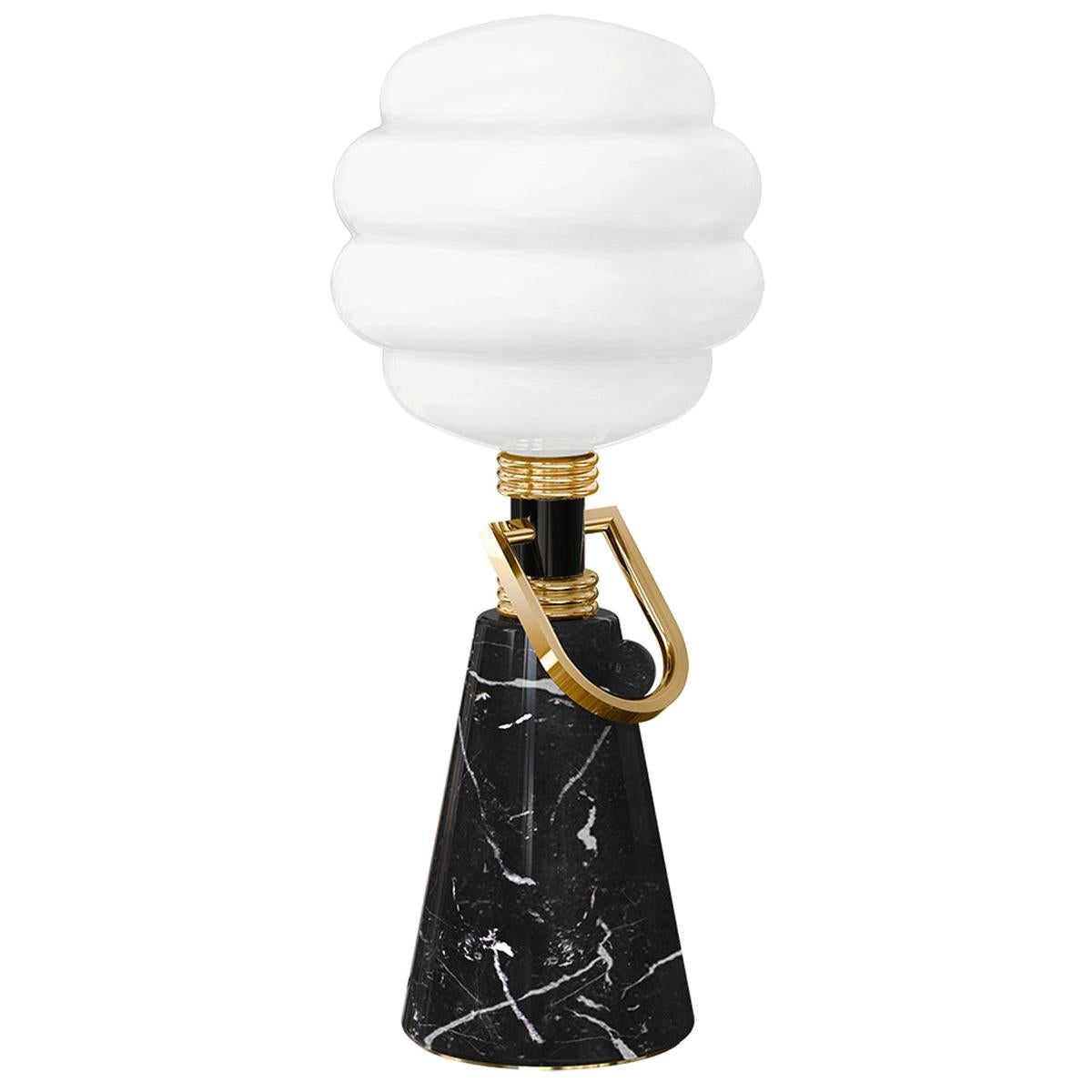 Art Deco Style Table Lamp in Negro Marquina Black Marble & Gold Polished Brass For Sale
