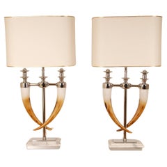 Vintage Modern Table Lamps Chrome and Faux Horn Silver and Off White Marble Base a apair