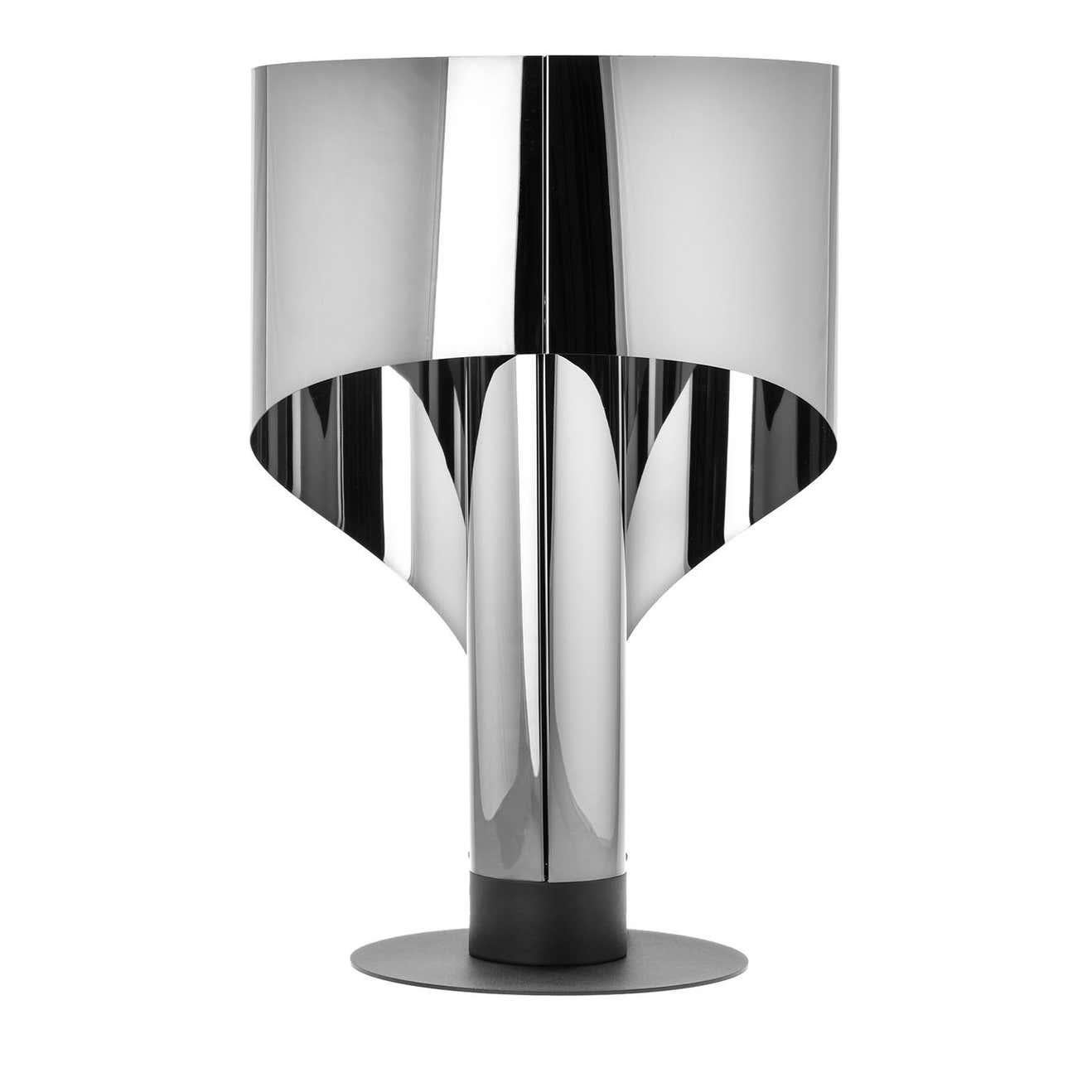 Table light designed in 1968 by Corsini and Wiskemann; this object still retains the charm of its unique values, further defining itself after fifty years, as timeless. The vertical configural development creates the aesthetic form, the bending of