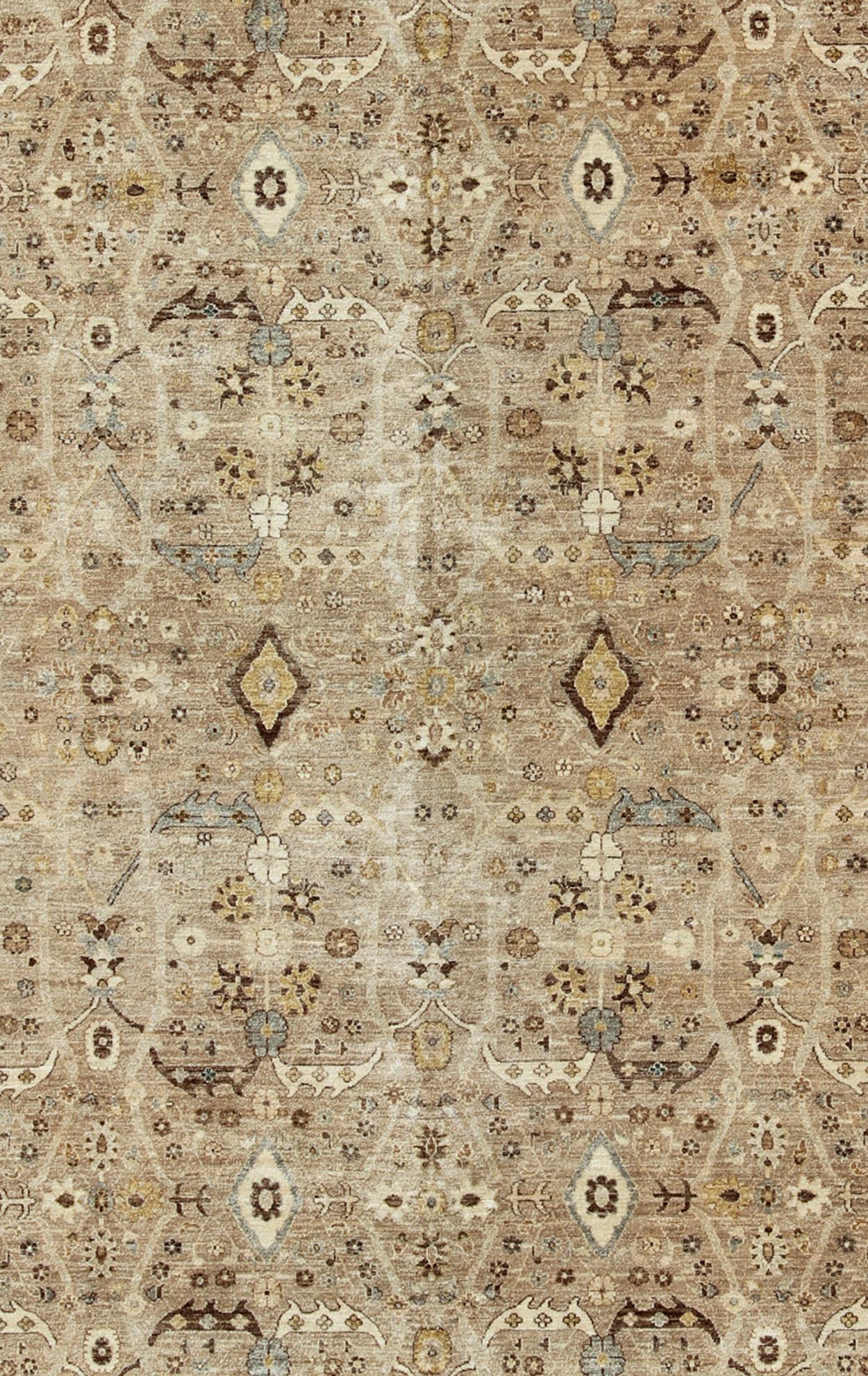 Hand-Knotted Modern Tabriz Design Rug in Camel Background by Keivan Woven Arts  For Sale