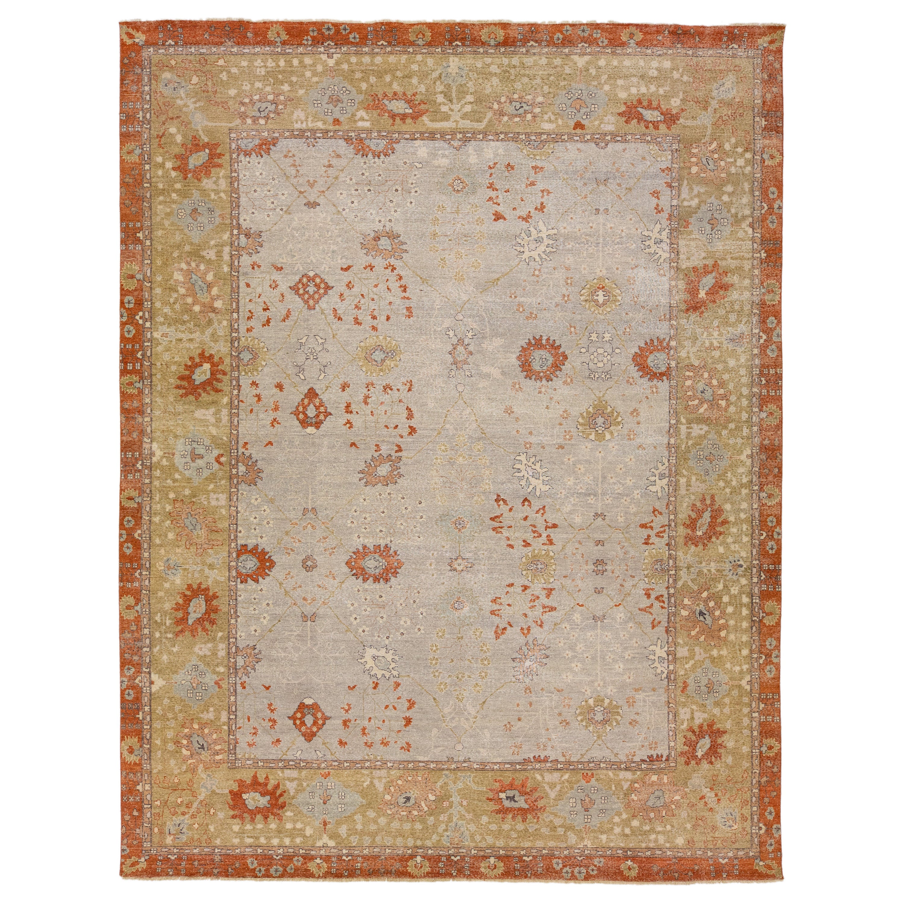 Moderner handgefertigter indischer Teppich aus Täbris mit Blumenmuster in Grau und Orange von Apadana
