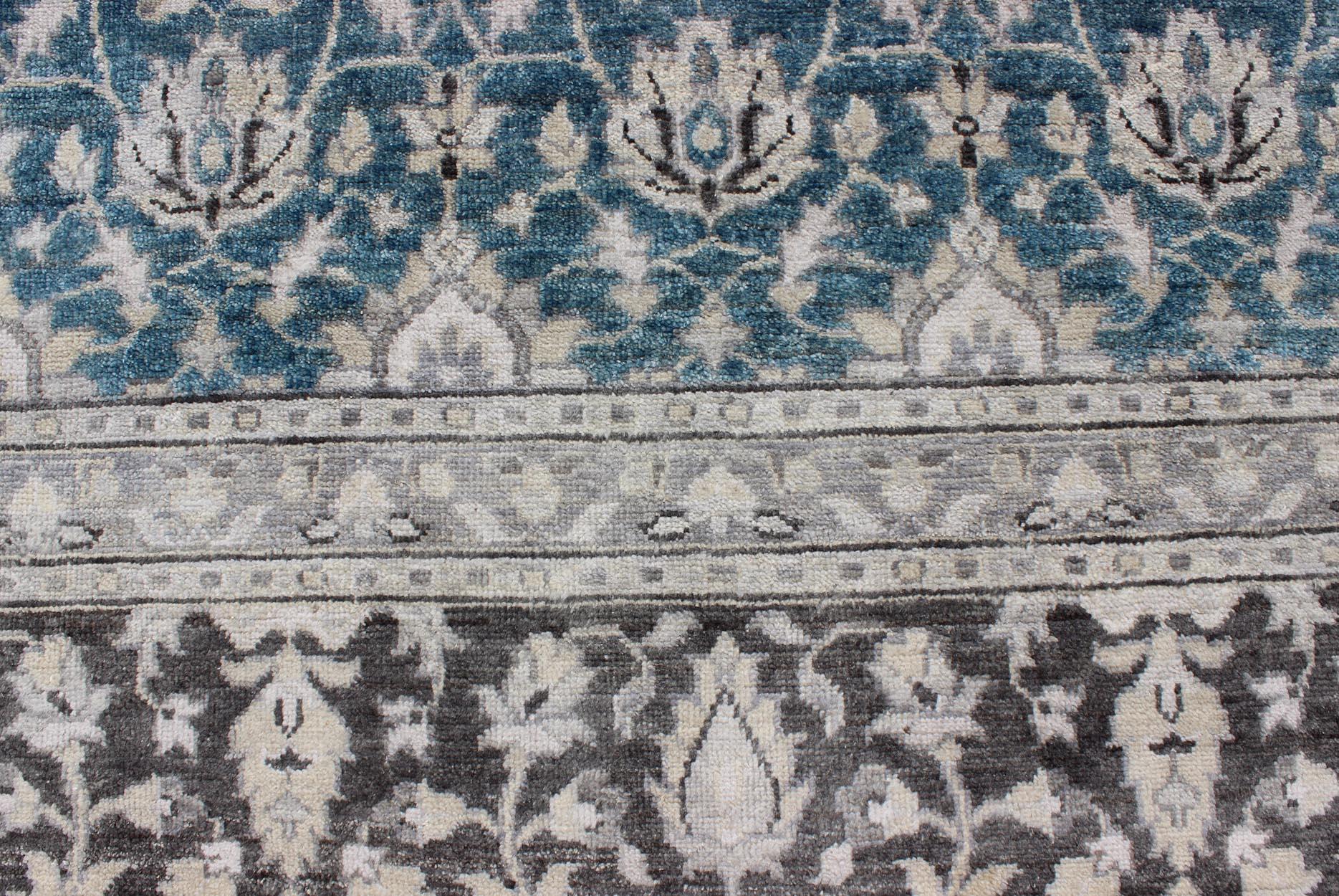 Hand-Knotted Modern Tabriz Rug in Wool with All-Over Design in Blue, Gray and Brown For Sale