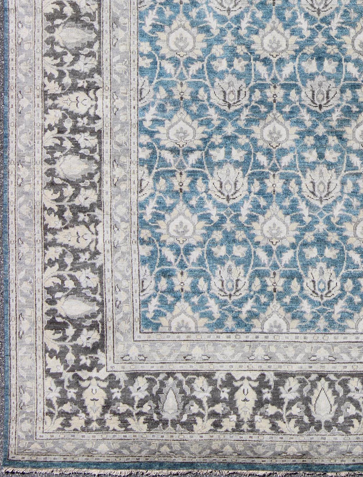 Contemporary Modern Tabriz Rug in Wool with All-Over Design in Blue, Gray and Brown For Sale