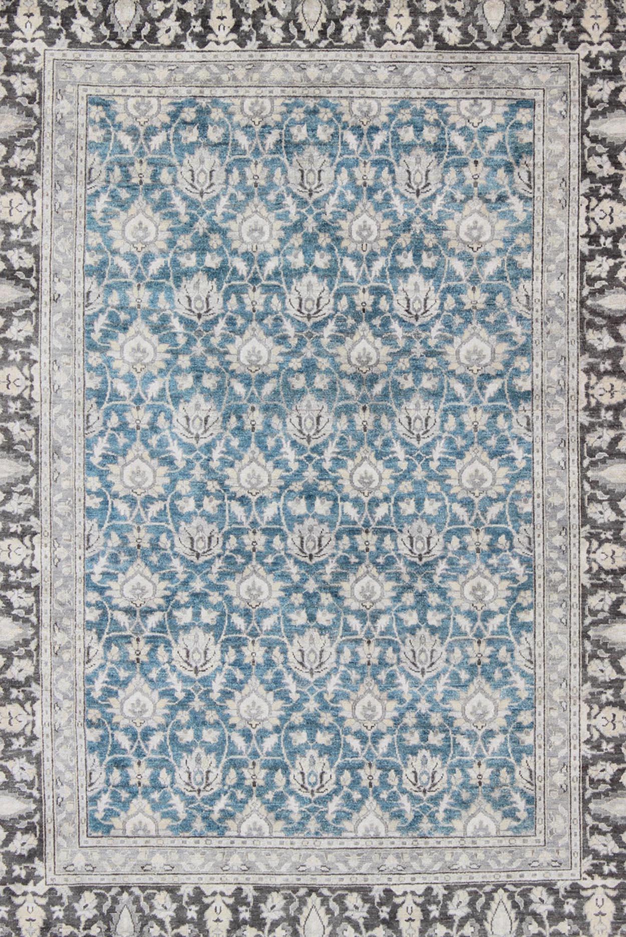 Modern Tabriz Rug in Wool with All-Over Design in Blue, Gray and Brown For Sale 1