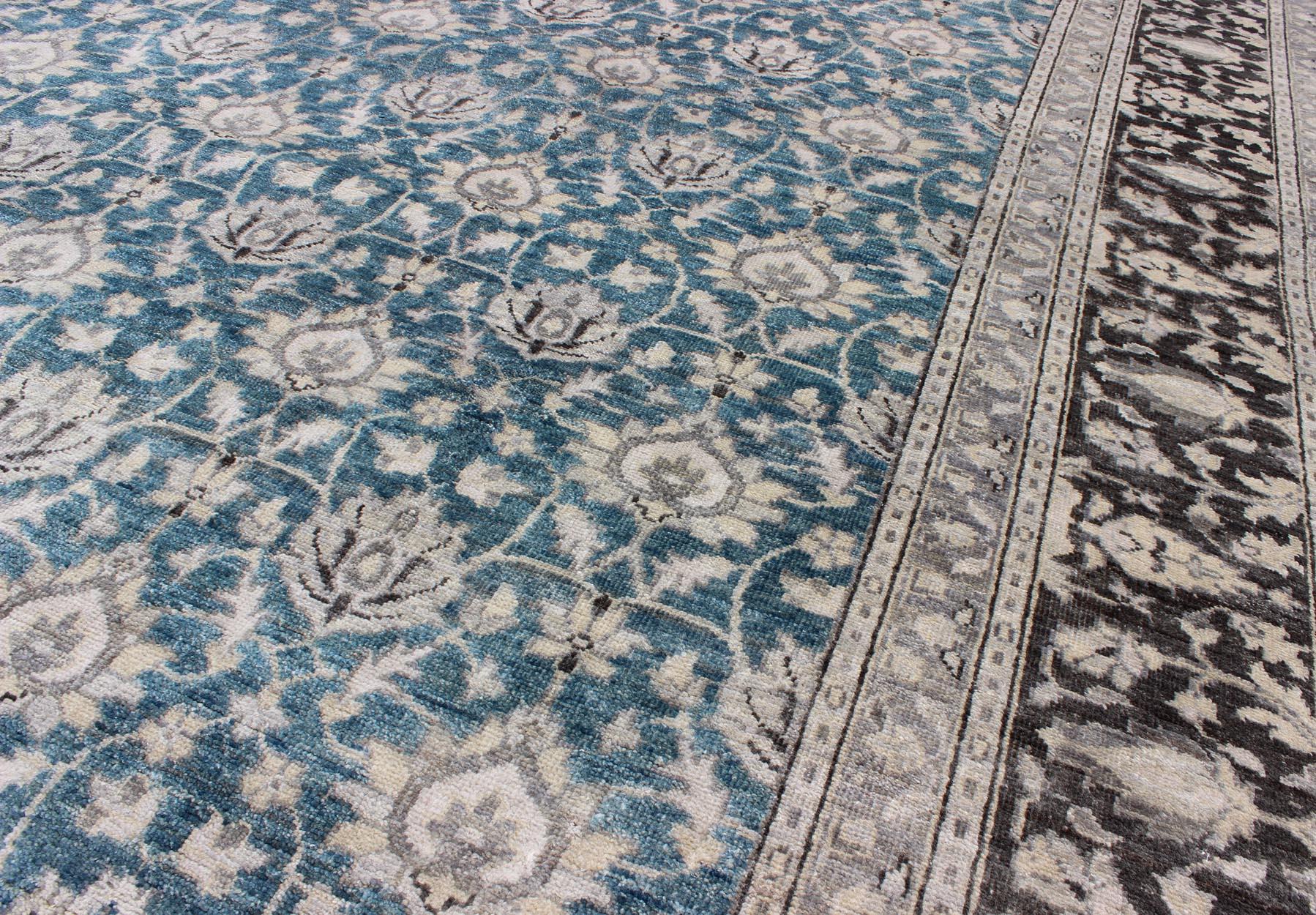 Modern Tabriz Rug in Wool with All-Over Design in Blue, Gray and Brown For Sale 2