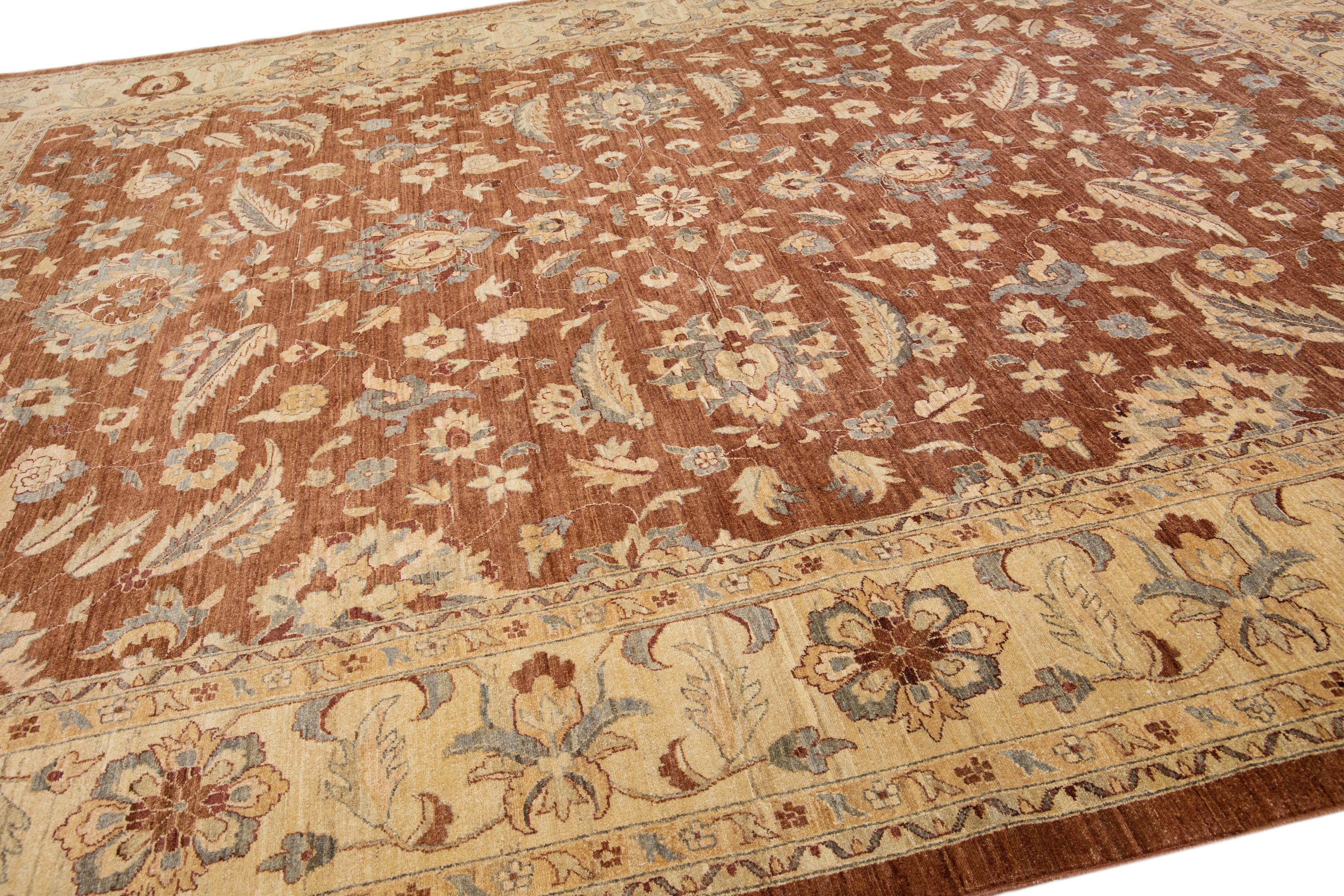 Pakistani Modern Tabriz Style Brown Handmade Floral Motif Wool Rug For Sale