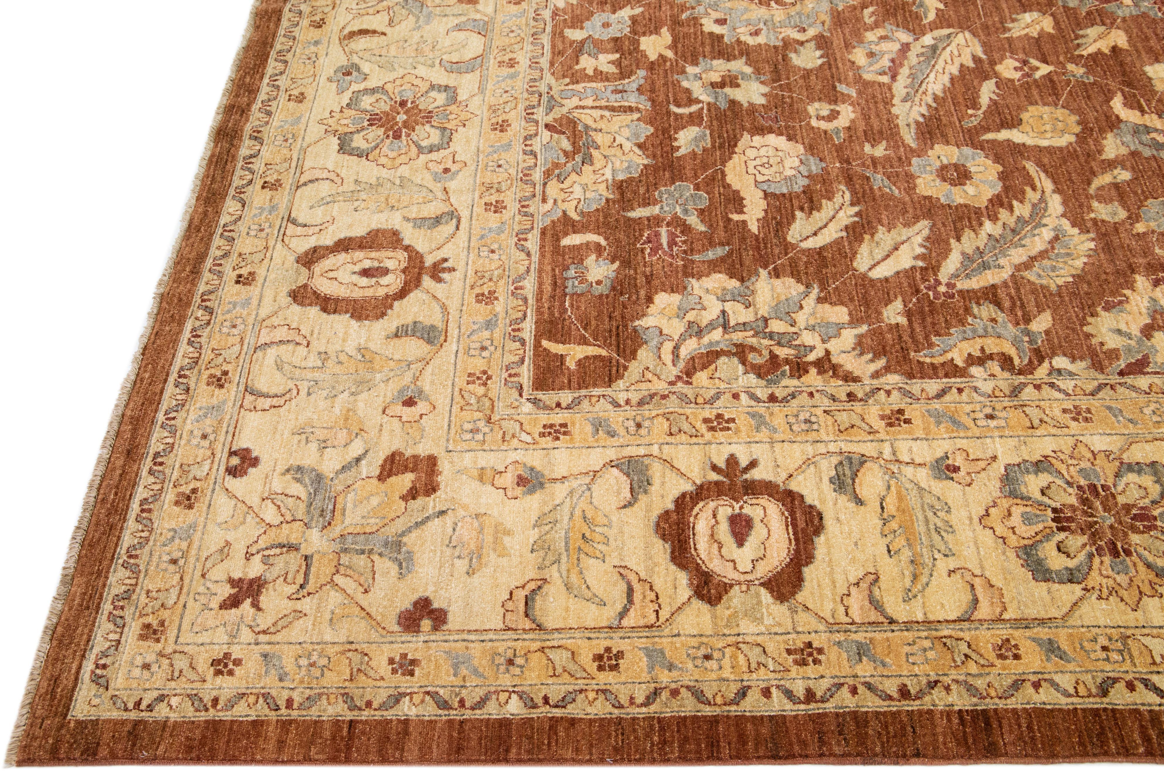 Hand-Knotted Modern Tabriz Style Brown Handmade Floral Motif Wool Rug For Sale