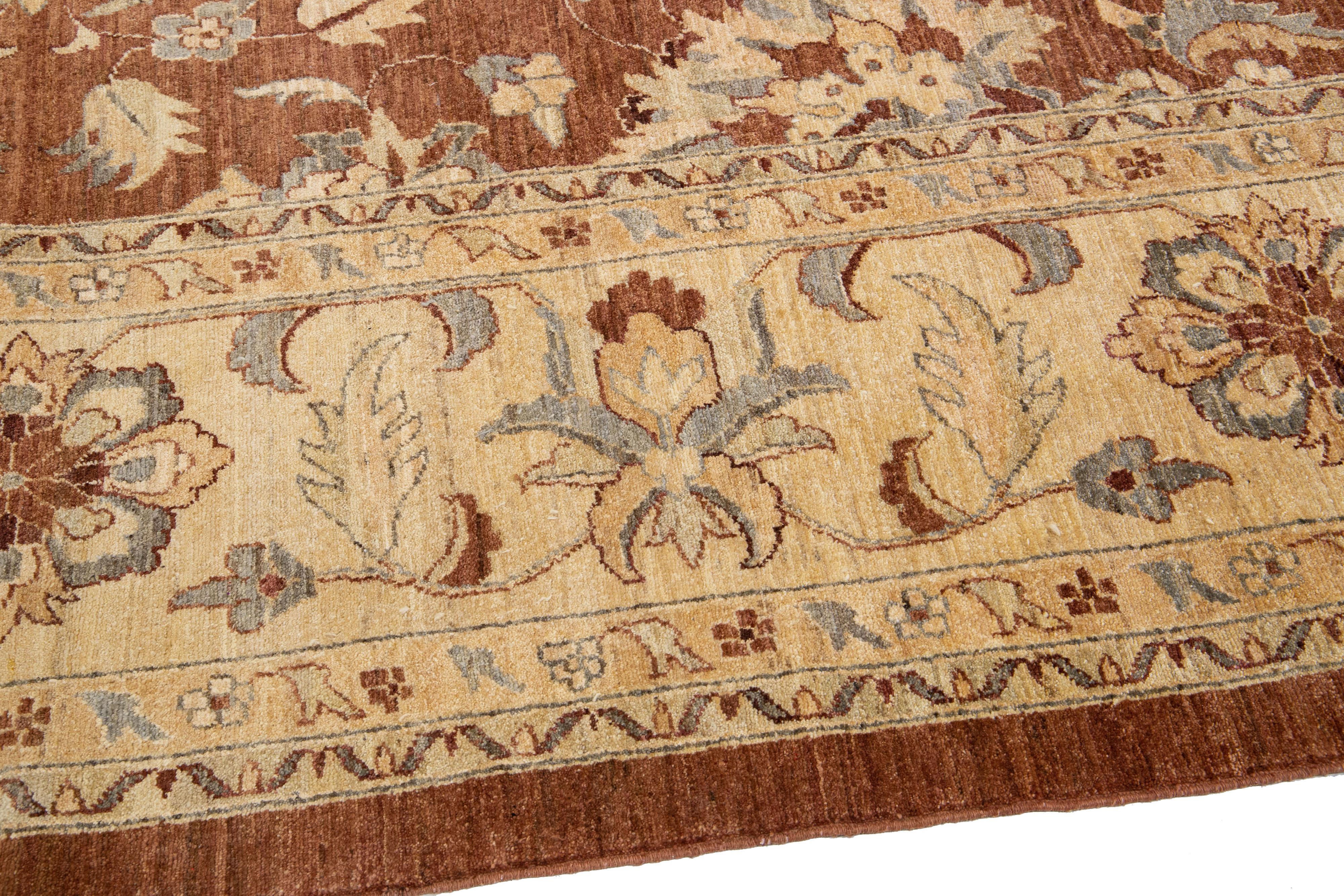 Contemporary Modern Tabriz Style Brown Handmade Floral Motif Wool Rug For Sale