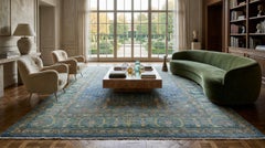 Modern Tabriz Style Medallion Wool Area Rug – Vibrant Blue, Sage Green & Yellow
