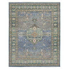 Modern Tabriz Style Medallion Wool Area Rug – Vibrant Blue, Sage Green & Yellow