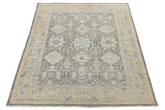 Tappeto moderno in lana e seta in stile Tabriz - Grigio ardesia e blu cielo geometrico 10x14