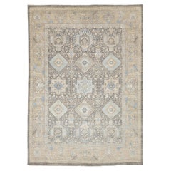 Tappeto moderno in lana e seta in stile Tabriz - Grigio ardesia e blu cielo geometrico 10x14