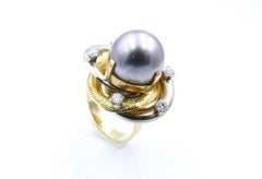 Modern Tahitian Black South Sea Pearl & Diamond Cluster Ring