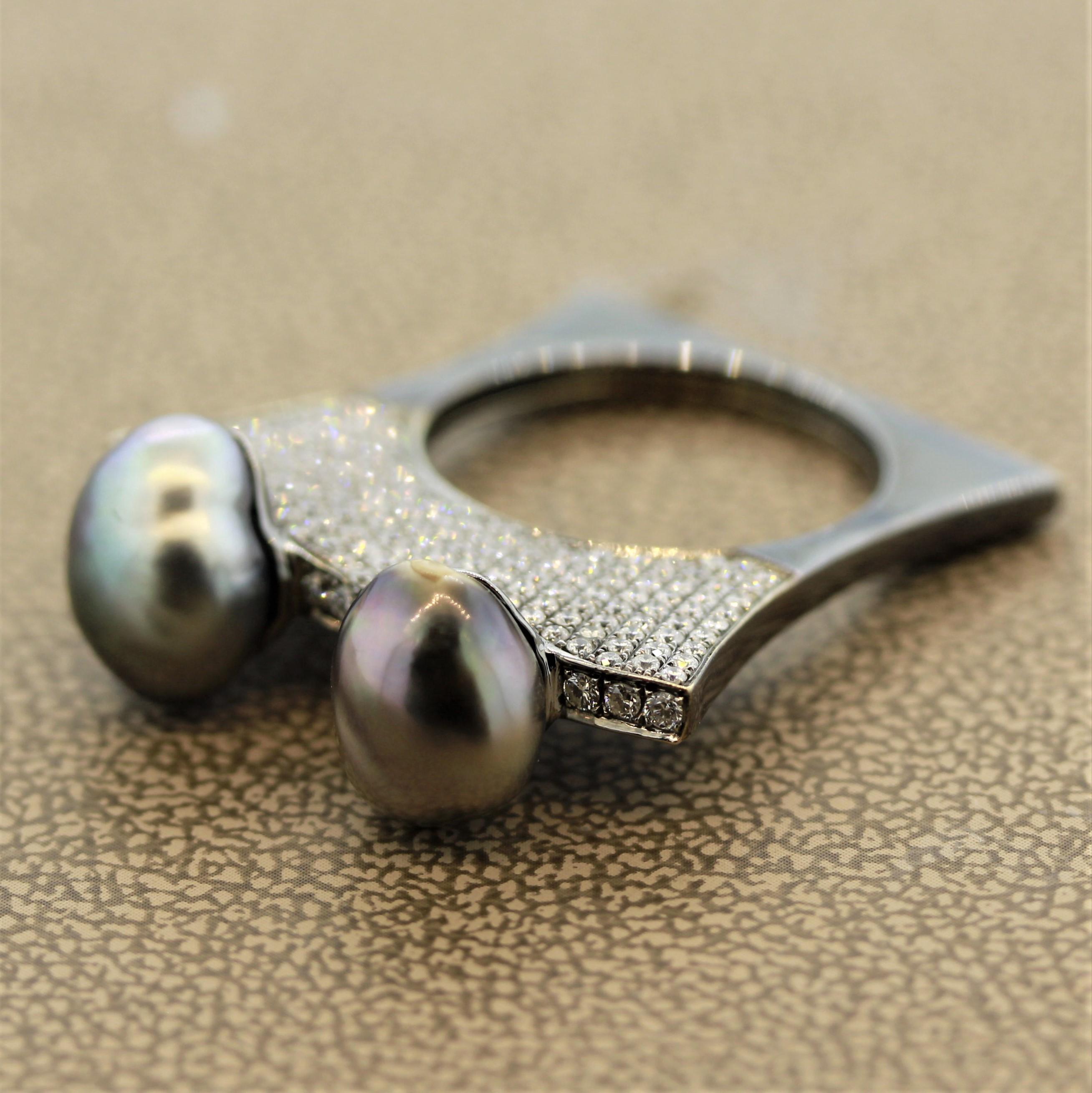 Moderner Tahiti-Perlen-Diamant-Goldring mit schlanker Scheibenschliff (Rundschliff) im Angebot