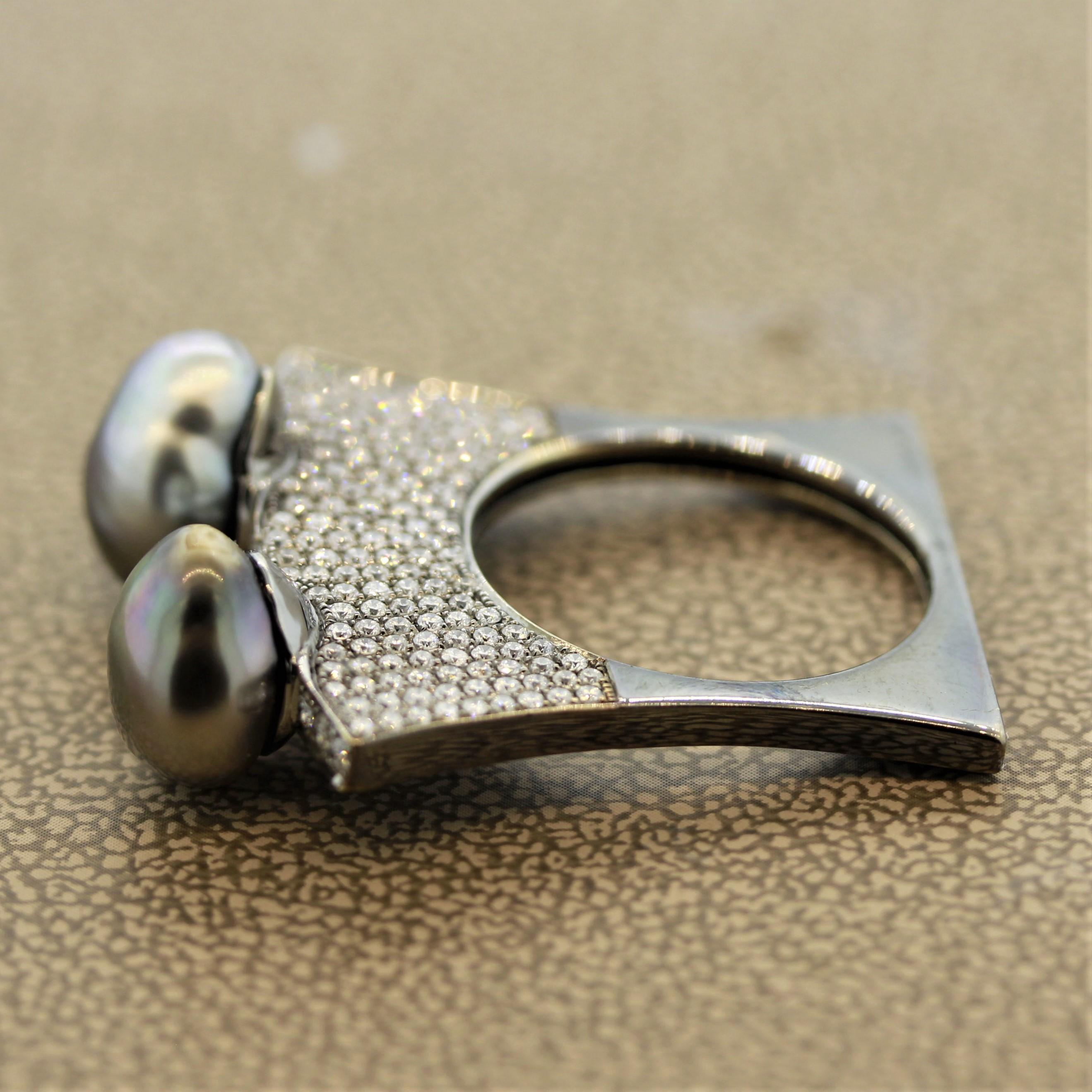 Moderner Tahiti-Perlen-Diamant-Goldring mit schlanker Scheibenschliff im Zustand „Neu“ im Angebot in Beverly Hills, CA