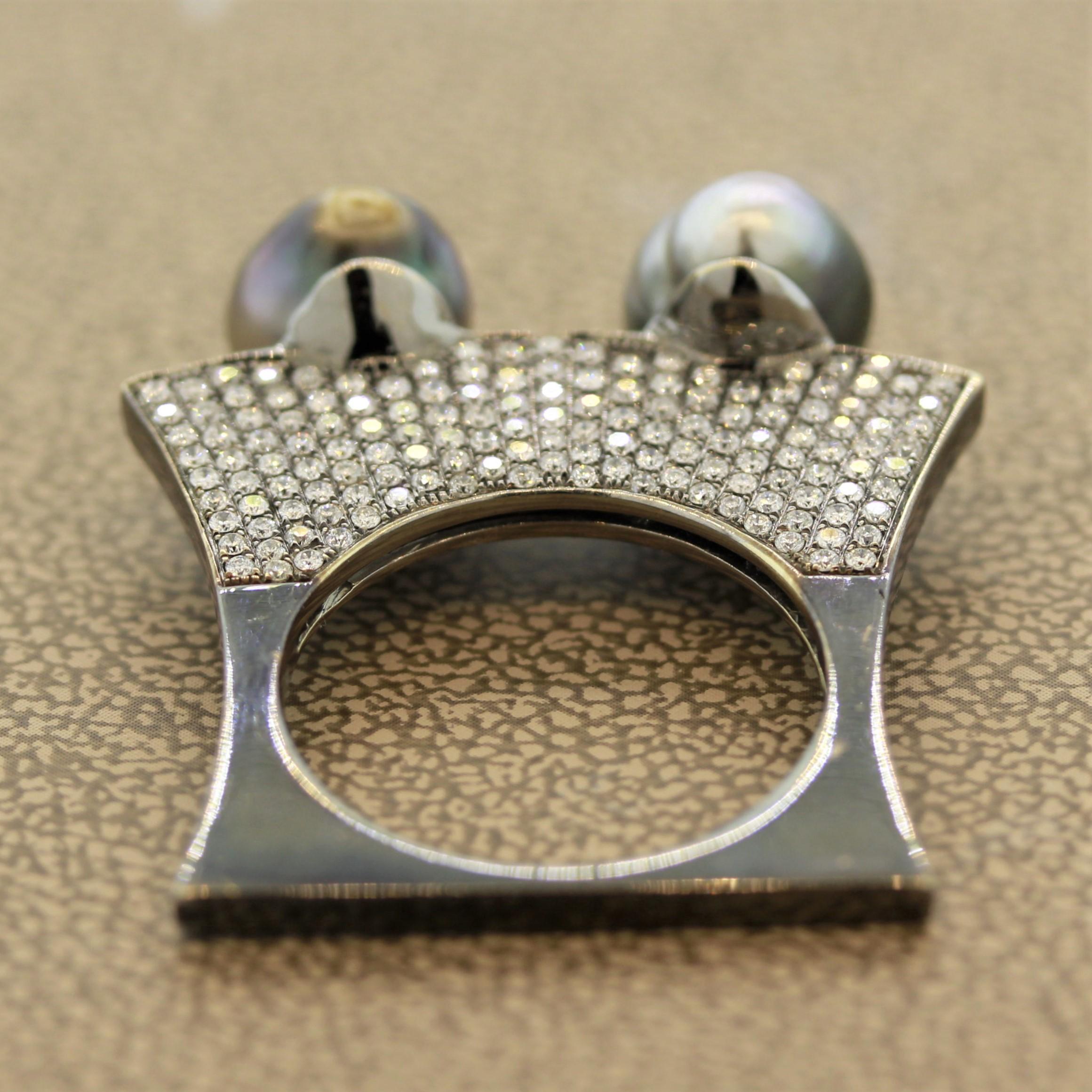 Moderner Tahiti-Perlen-Diamant-Goldring mit schlanker Scheibenschliff Damen im Angebot