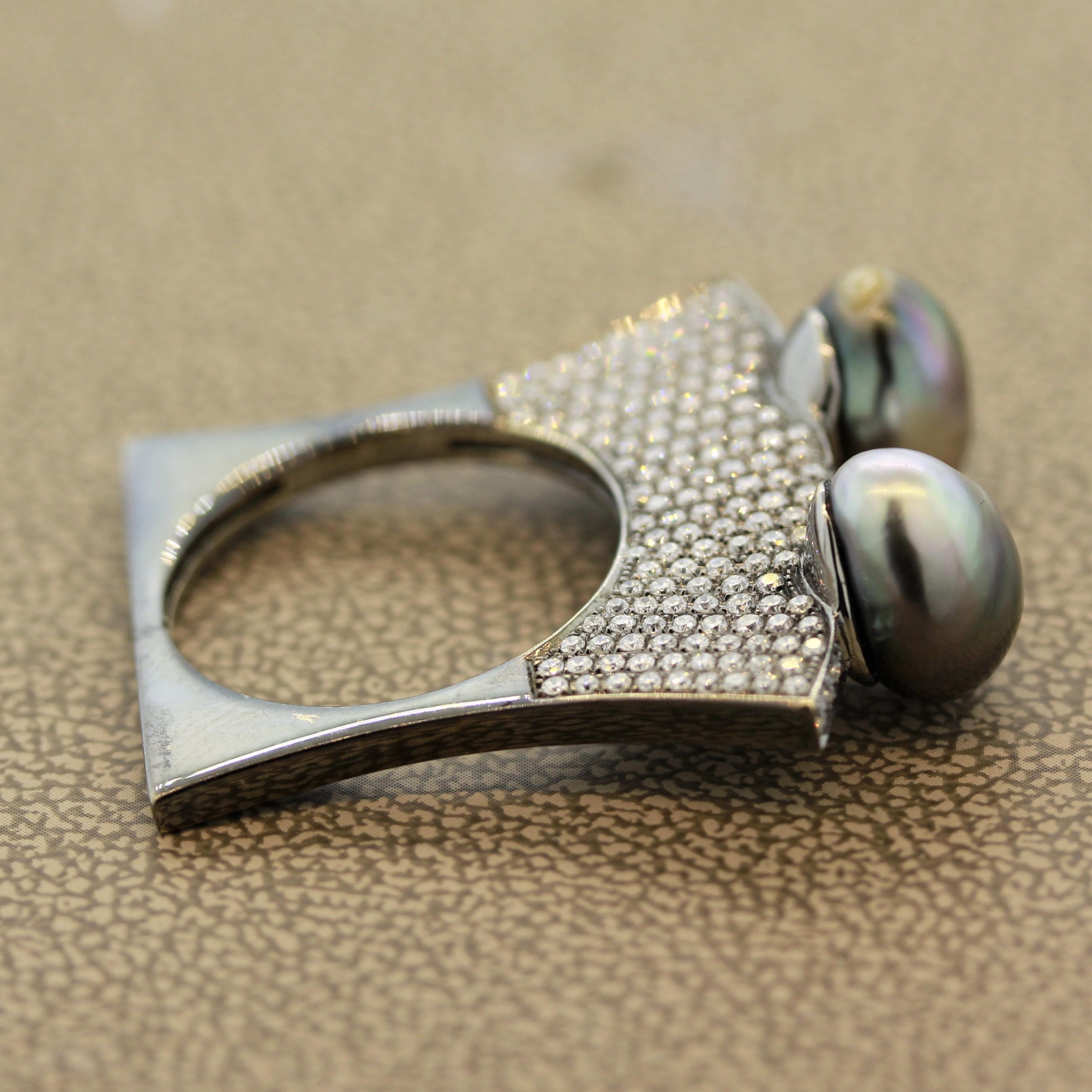 Moderner Tahiti-Perlen-Diamant-Goldring mit schlanker Scheibenschliff im Angebot 1