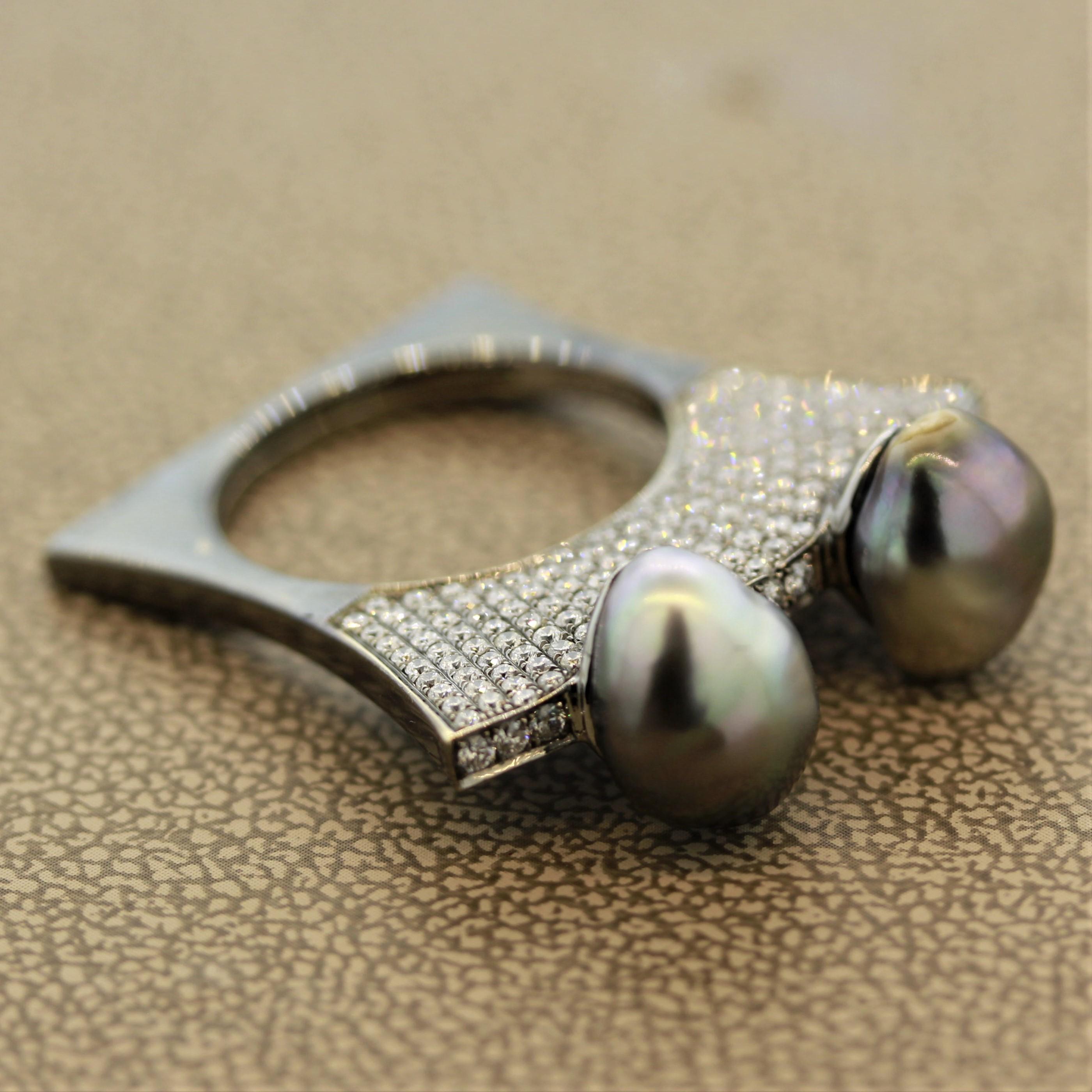Moderner Tahiti-Perlen-Diamant-Goldring mit schlanker Scheibenschliff im Angebot 2