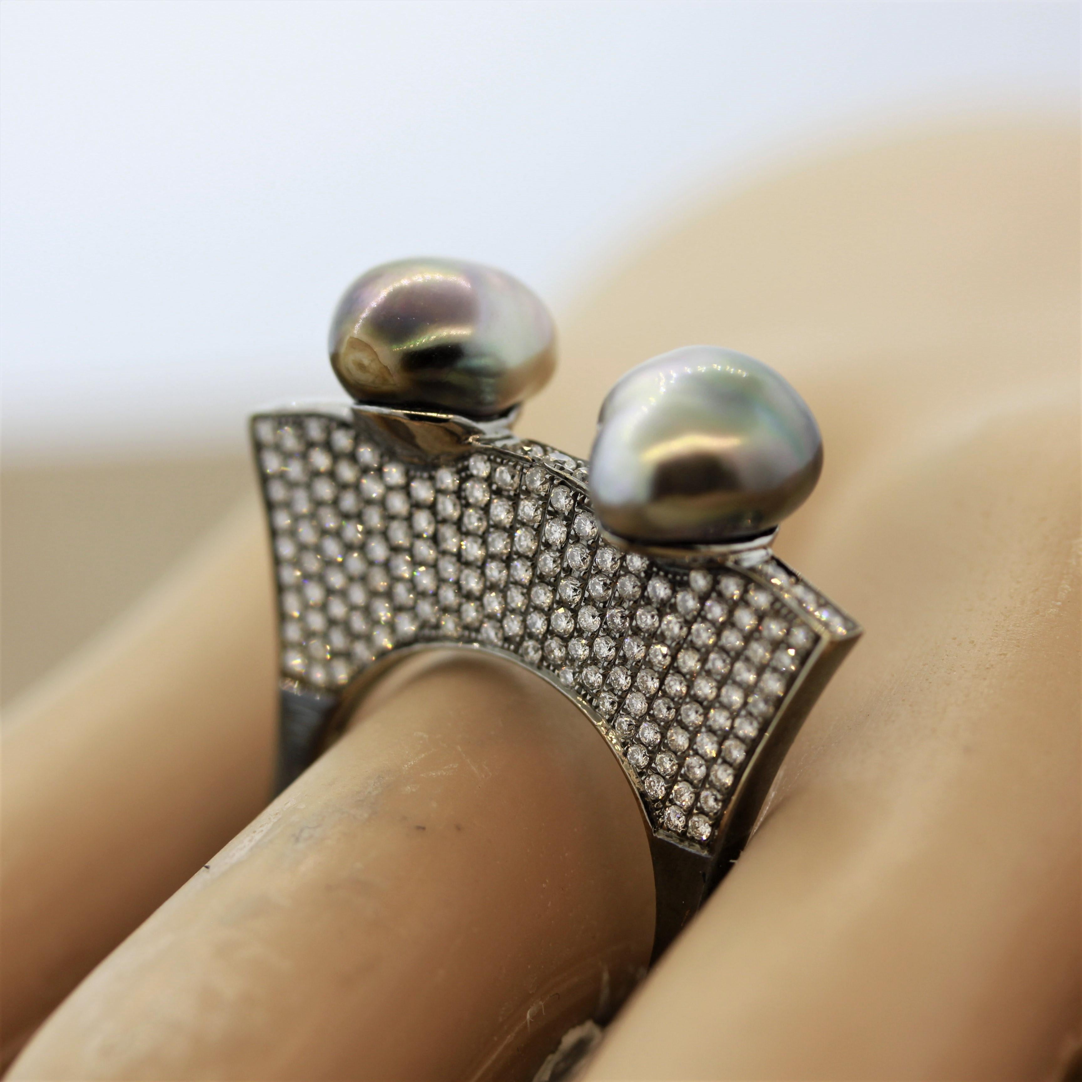 Moderner Tahiti-Perlen-Diamant-Goldring mit schlanker Scheibenschliff im Angebot 3