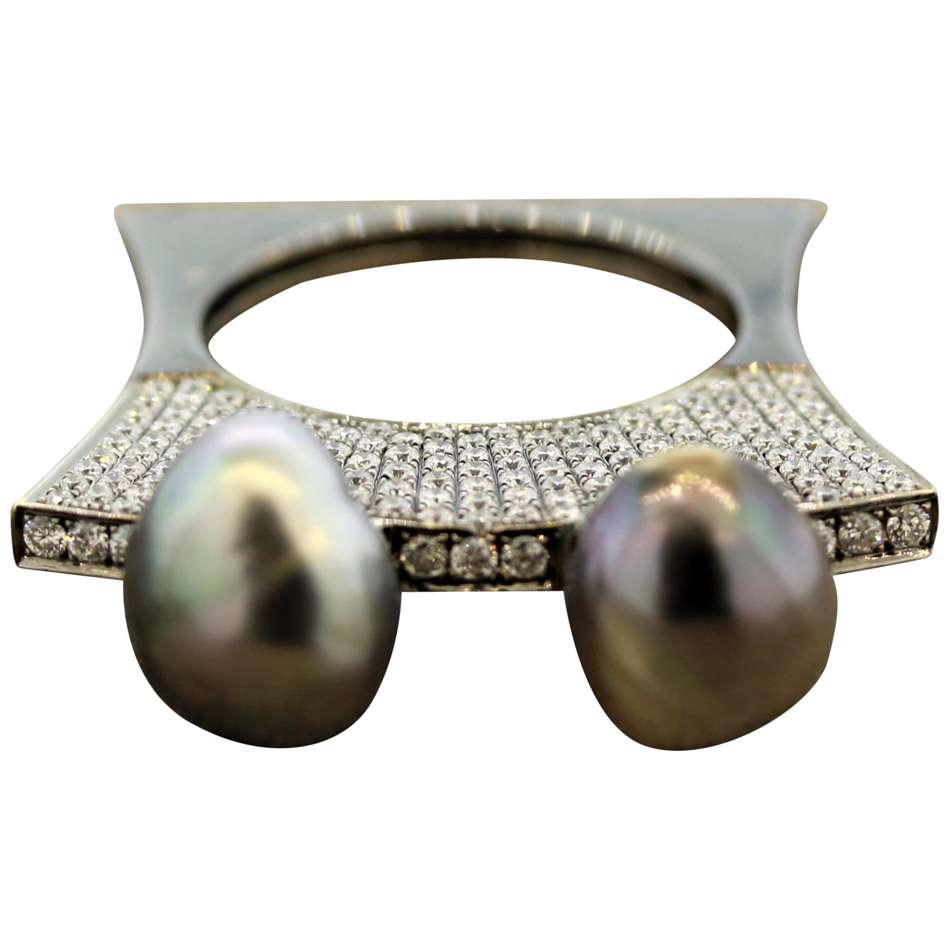 Modern Tahitian Pearl Diamond Gold Slim Slice Ring