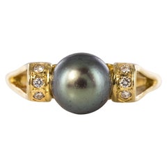 Modern Tahitian Pearl Diamonds 18 Karat Yellow Gold Ring