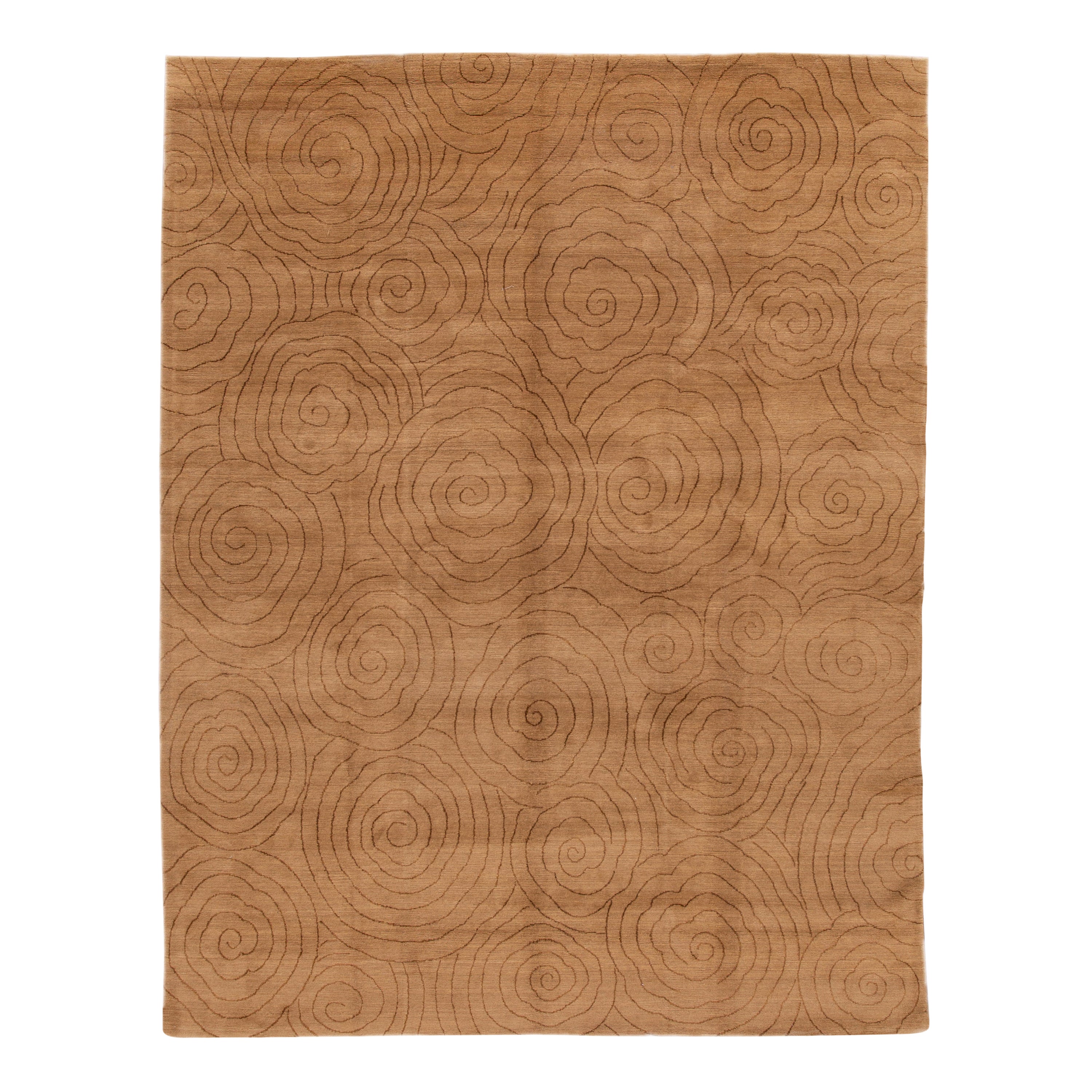 Moderner brauner handgefertigter tibetischer Wollteppich mit Allover-Muster im Angebot