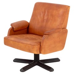 Modern Tan Leather Swivel Armchair