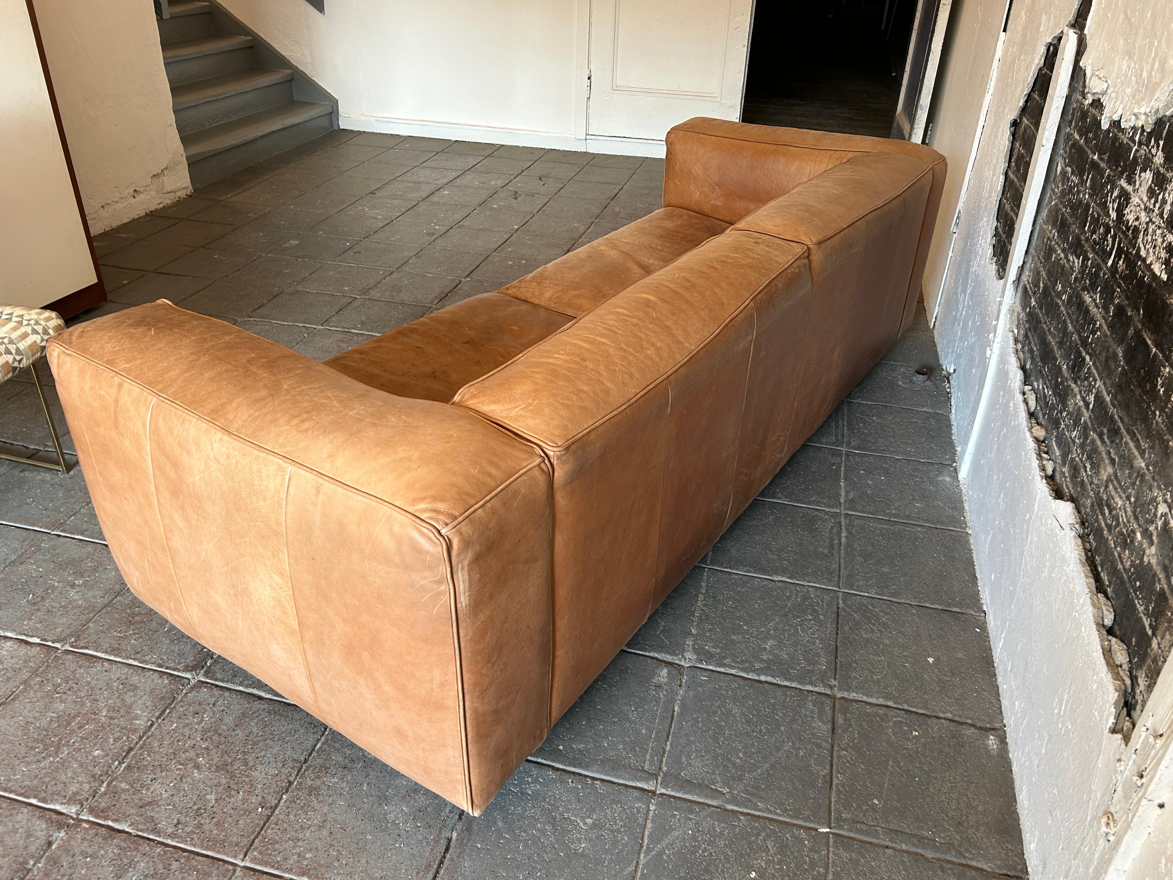 Steel Modern tan leather wide cube sofa on steel tube legs