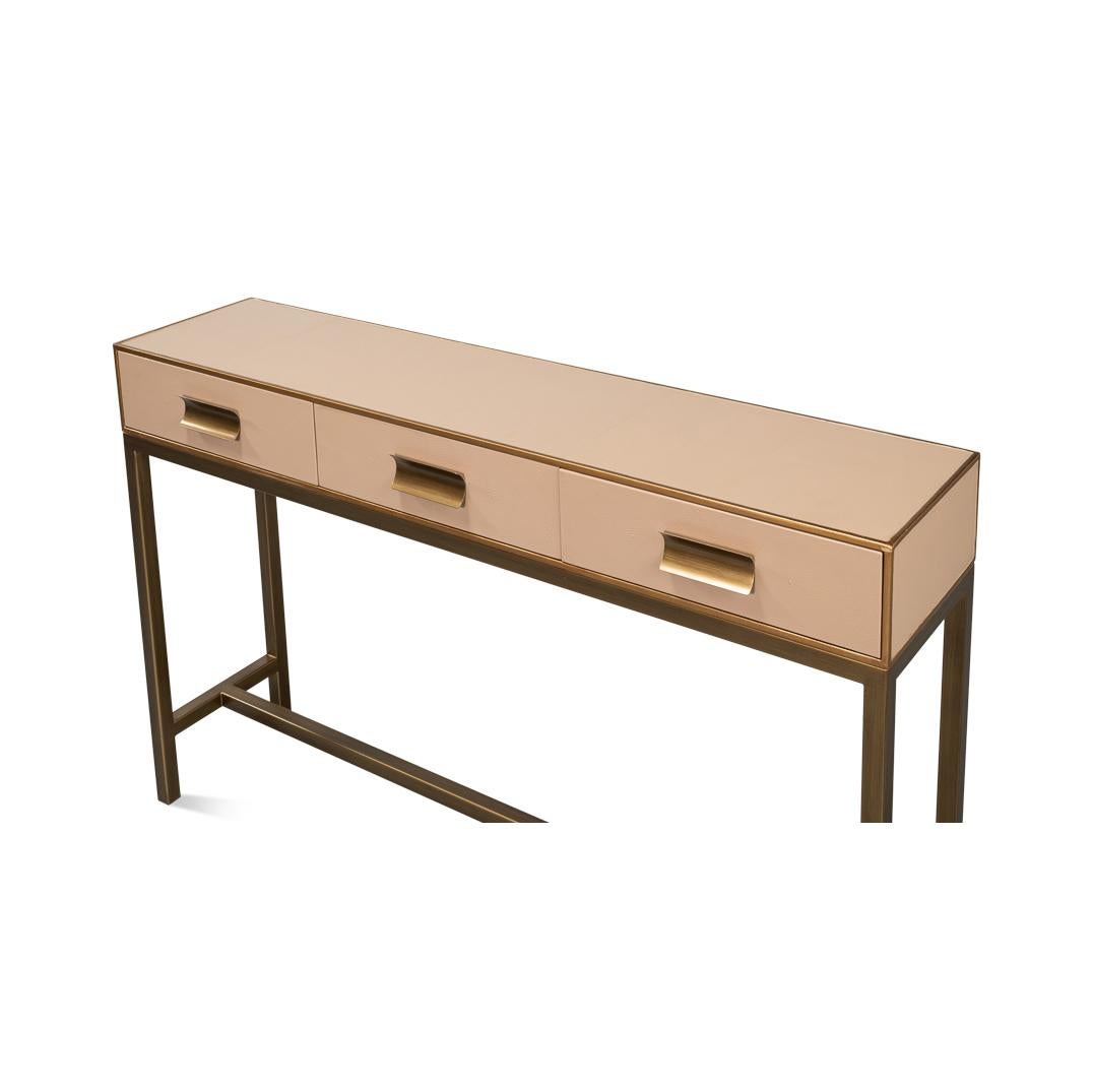 Asian Modern Tan Leather Wrapped Console For Sale