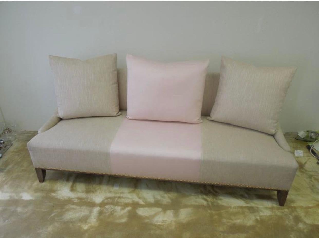 Hand-Crafted Beige Linen & Pink Fabric Custom Made “Fashionista” Sofa with Matching Pillows For Sale