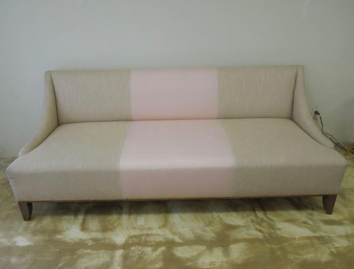 Beige Linen & Pink Fabric Custom Made “Fashionista” Sofa with Matching Pillows In Good Condition For Sale In Palm Springs, CA