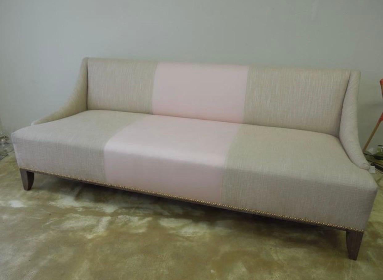 Contemporary Beige Linen & Pink Fabric Custom Made “Fashionista” Sofa with Matching Pillows For Sale