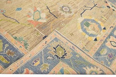 Modern Tan Oushak Handmade Multicolor Floral Motif Wool Rug