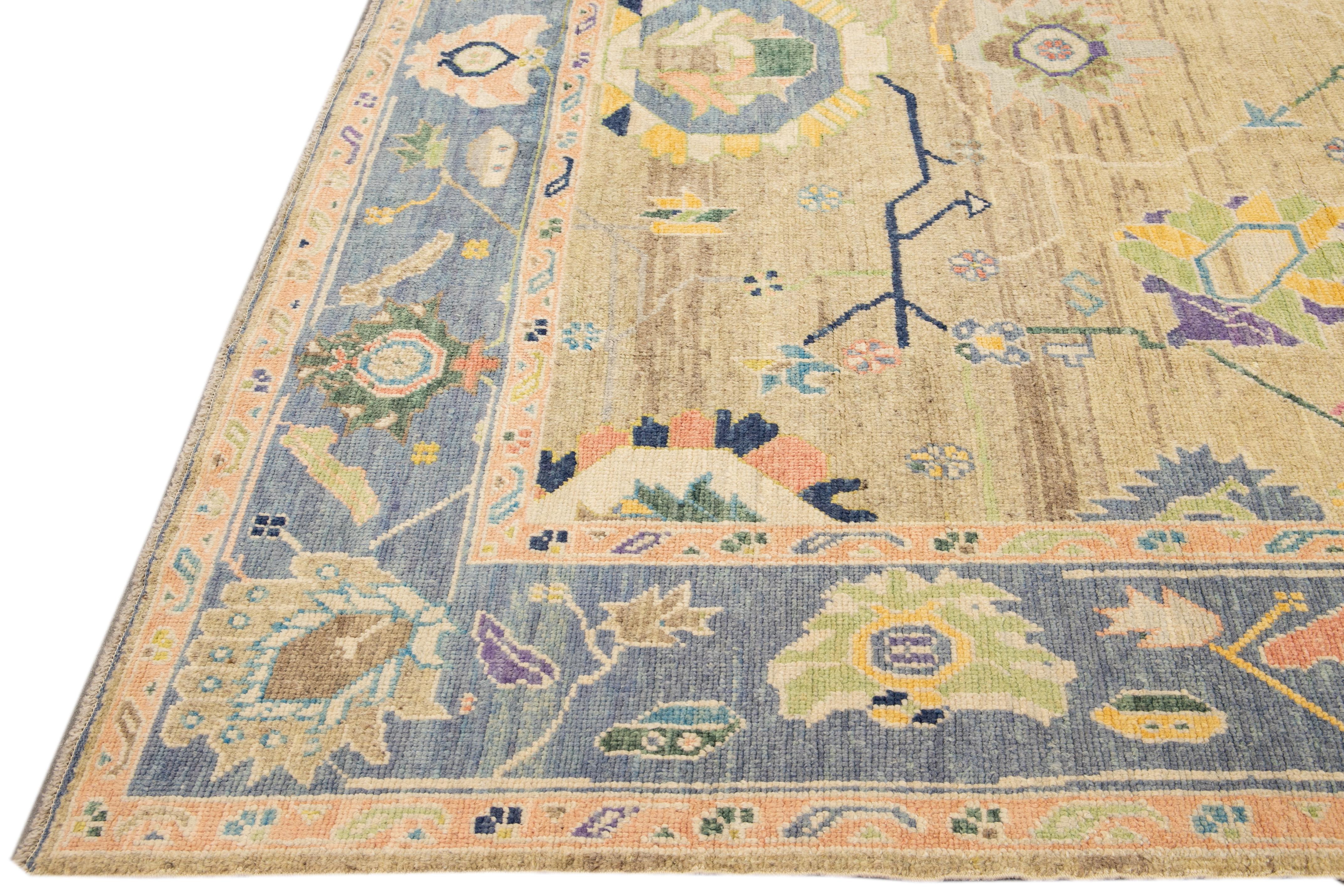 Hand-Knotted Modern Tan Oushak Handmade Multicolor Floral Motif Wool Rug For Sale