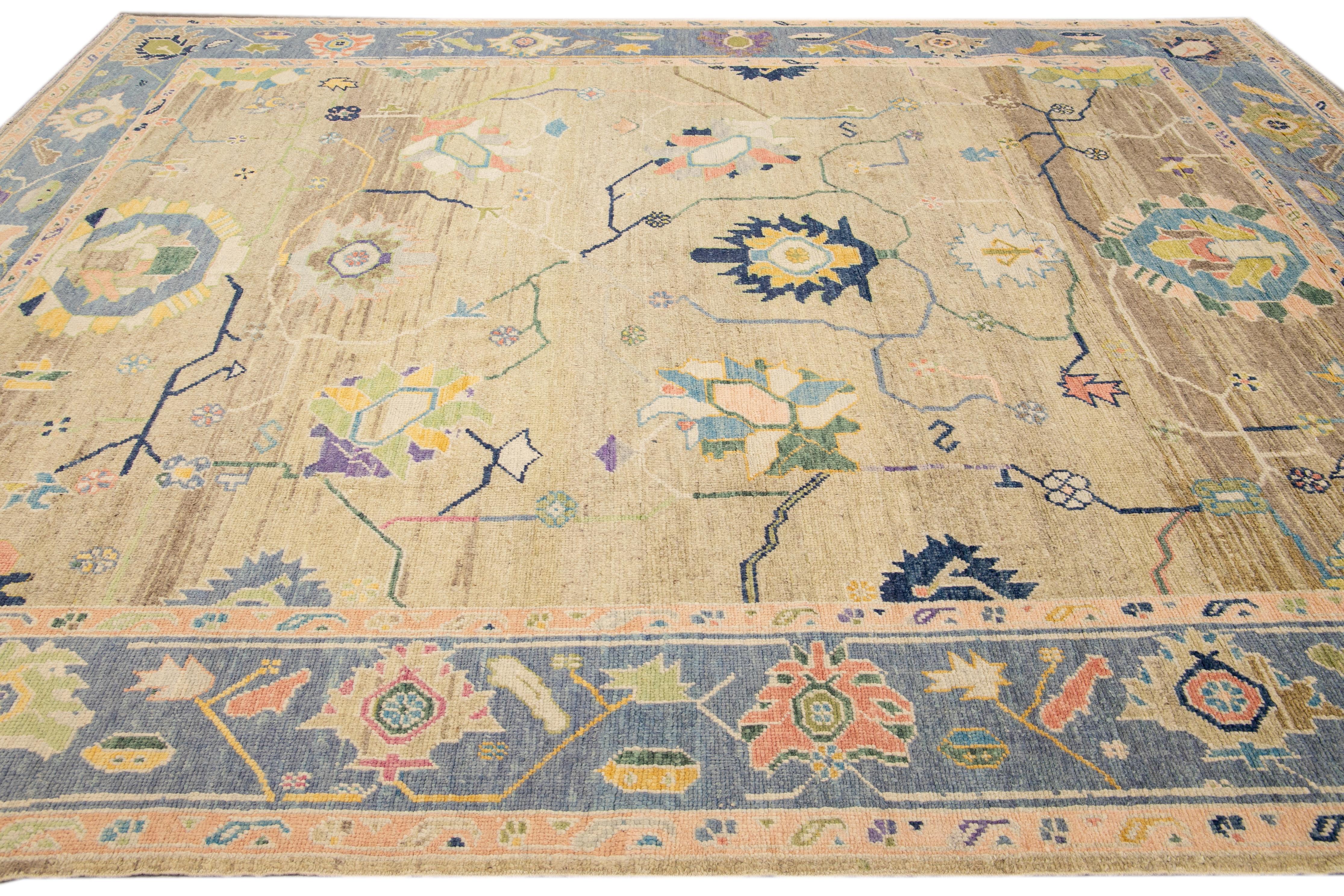 Modern Tan Oushak Handmade Multicolor Floral Motif Wool Rug In New Condition For Sale In Norwalk, CT